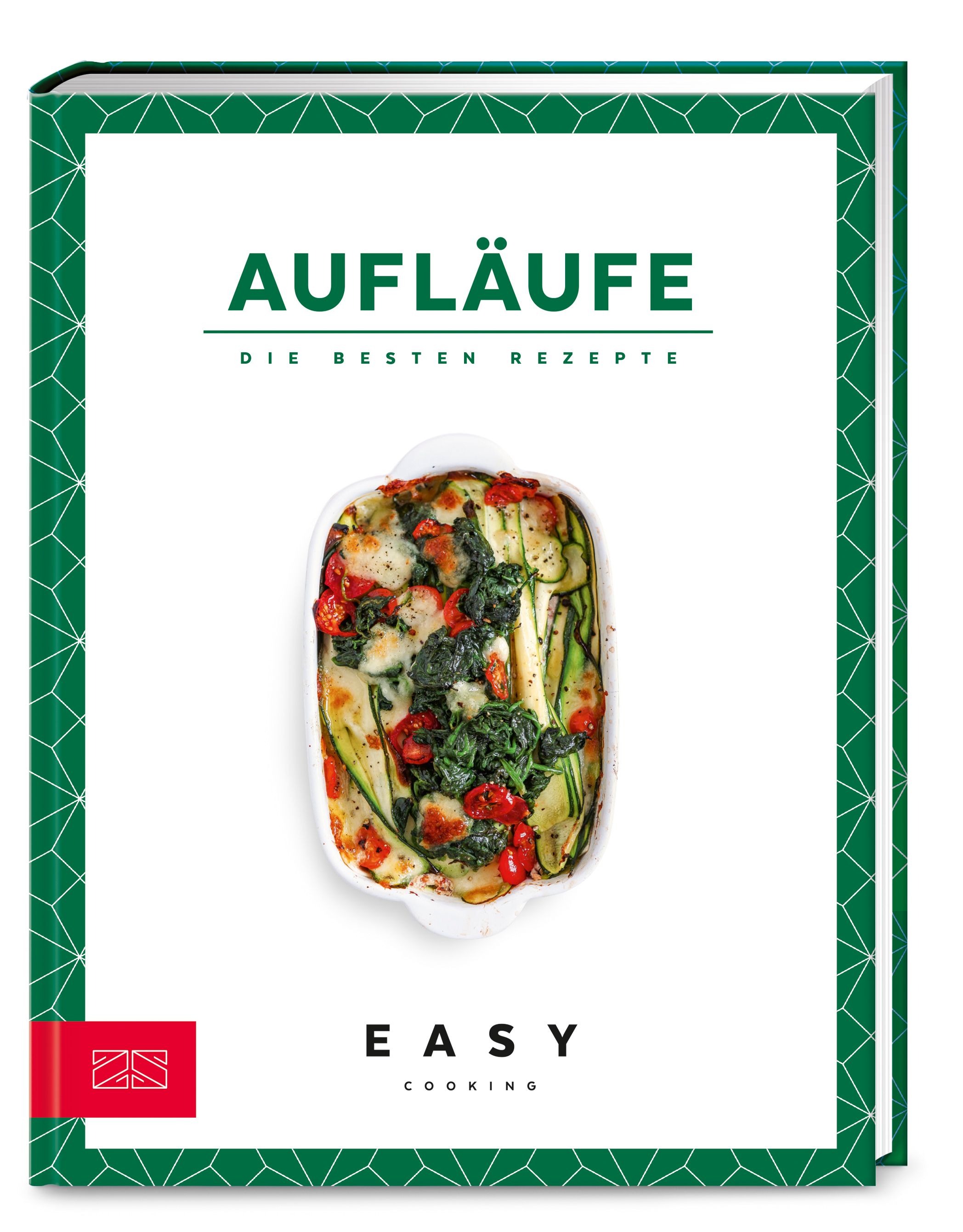 Kochbuch mit dem Titel "Aufläufe". Auf dem Cover ein Auflaufgericht in einer weißen Form. Grüner Rahmen mit geometrischem Muster.