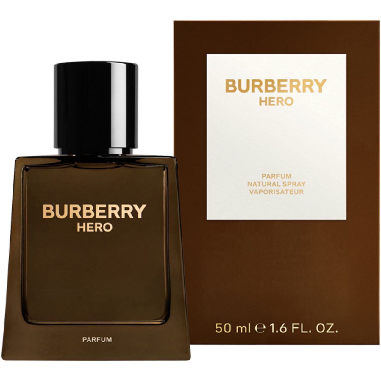 Burberry Hero Parfum und Verpackung. Braune Flasche, schwarzer Deckel. Goldener Schriftzug. Braune Verpackung mit weißem Feld.