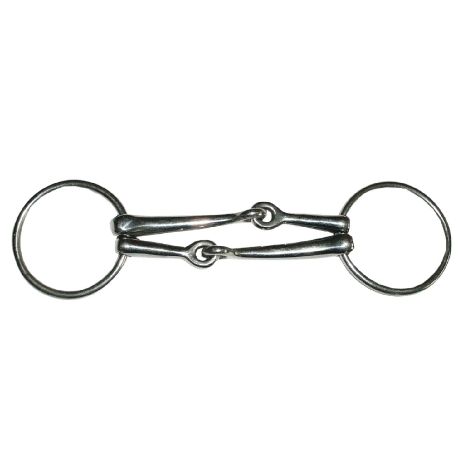 Doppeltrensengebiss aus Metall, mit zwei Ringen und zwei Mundstücken.