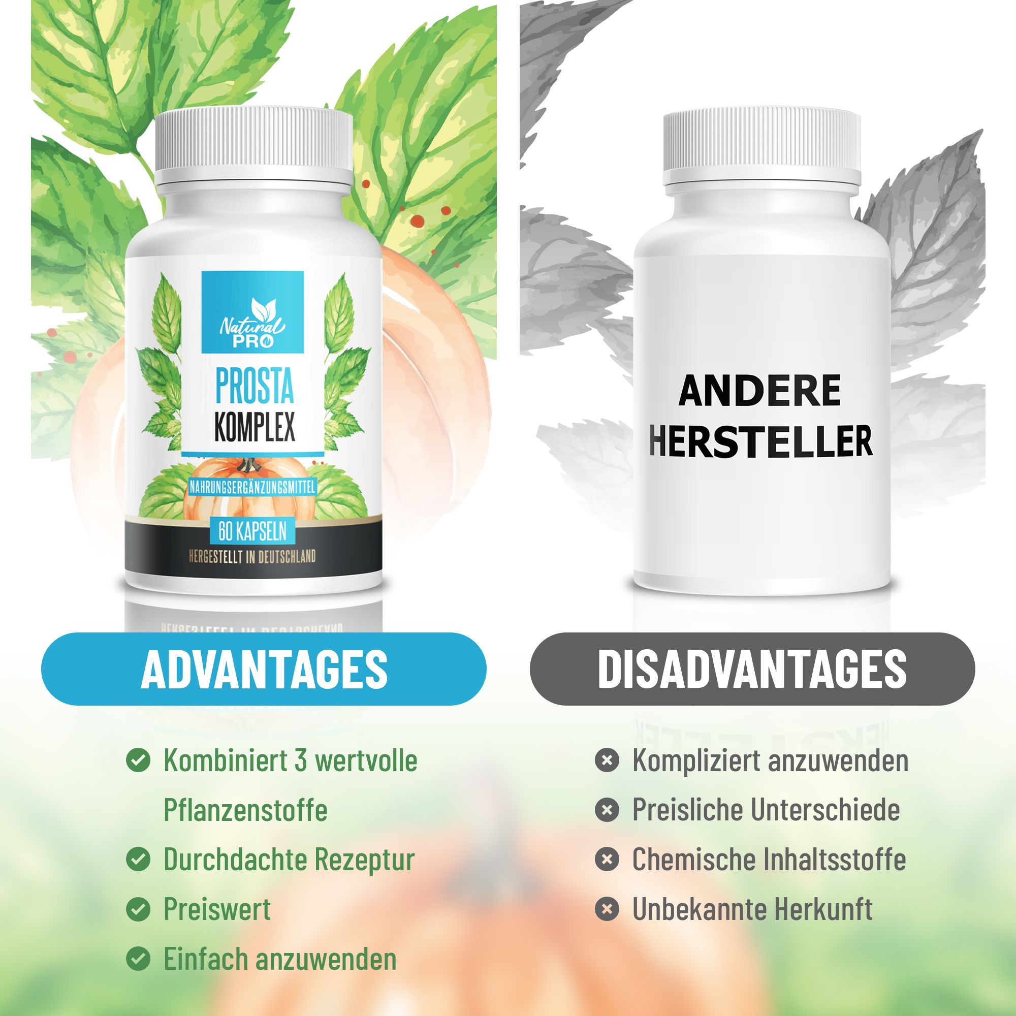 Vergleich: Natural Pro Prostata Komplex vs. anderer Hersteller. Vorteile: 3 Pflanzenstoffe, durchdachte Rezeptur, preiswert, einfach.