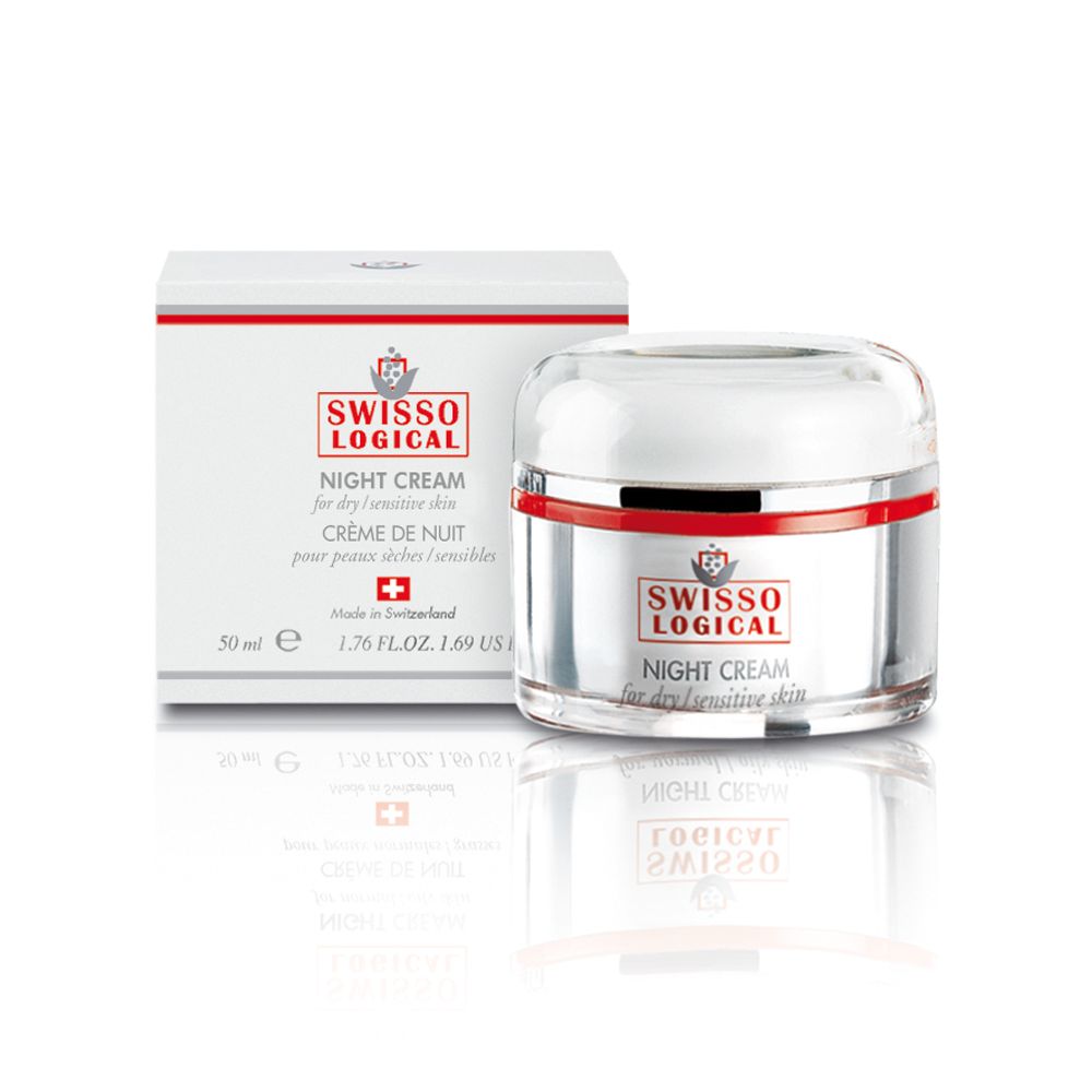 Creme-Tiegel und Schachtel. Aufschrift: SWISSO LOGICAL NIGHT CREAM für trockene/empfindliche Haut. Schweizer Kreuz.
