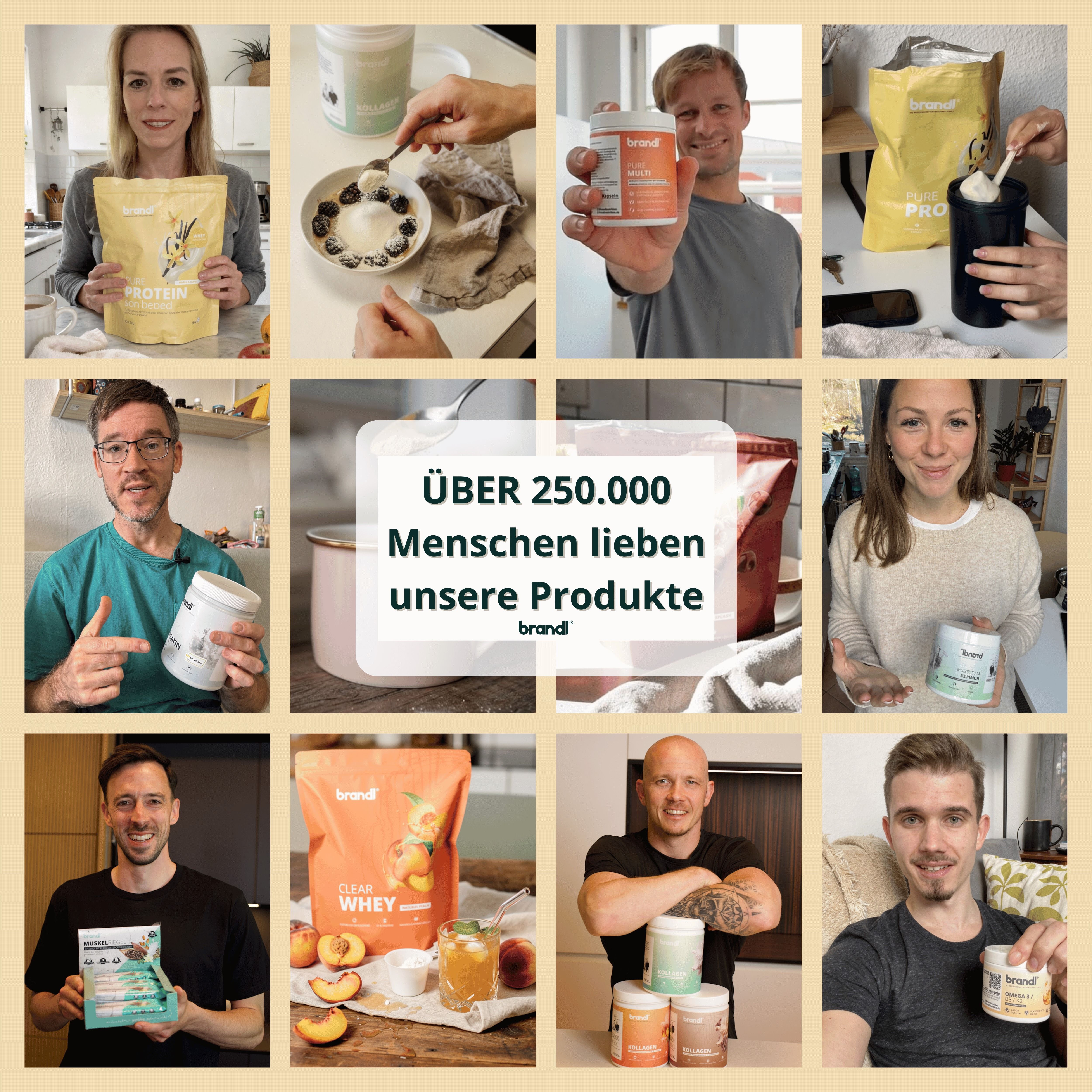 Collage von Menschen mit Produkten. Einige halten "brandl" Produkte. Text: "Über 250.000 Menschen lieben unsere Produkte".