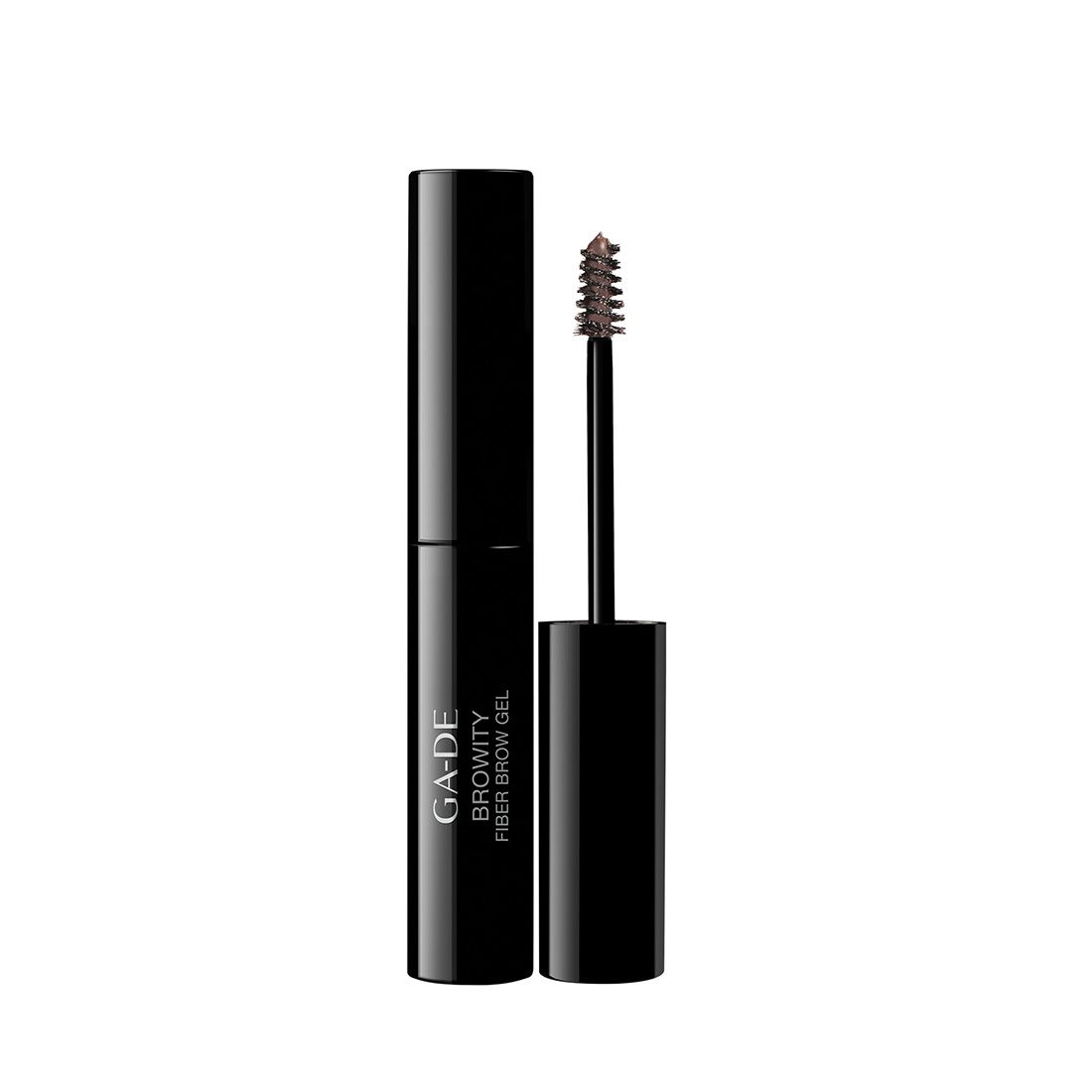 Schwarze Tube mit braunem Bürstchen. Aufschrift: GA-DE BROWITY FIBER BROW GEL. Bürste mit Fasern.