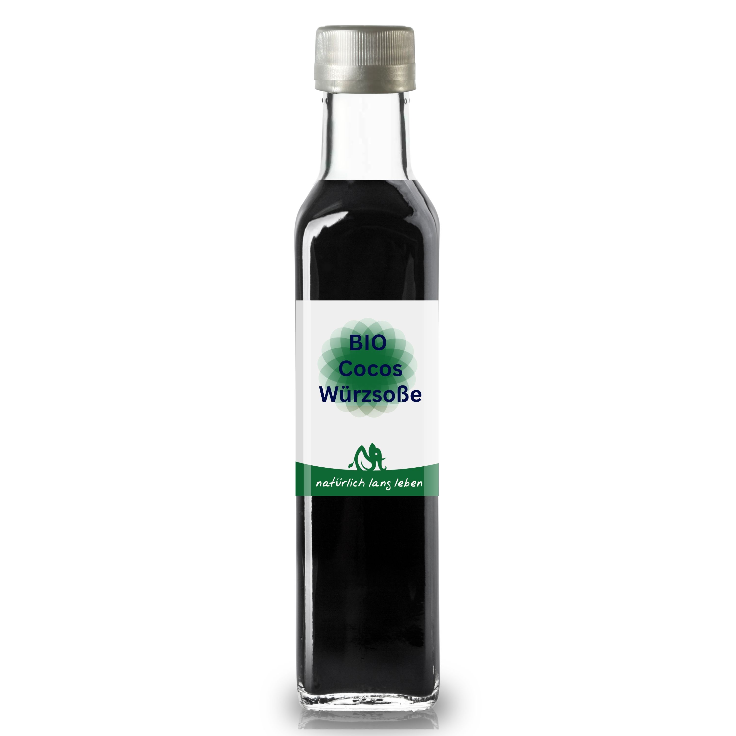 Glasflasche mit schwarzer Flüssigkeit. Etikett mit "BIO Cocos Würzsoße".
