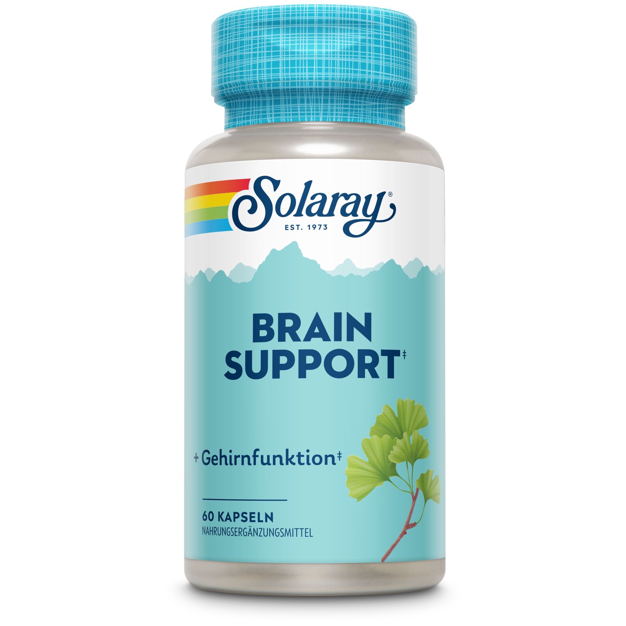 Solaray Brain Support Flasche. Blau-weiße Kapseln. Text: Brain Support, +Gehirnfunktion, 60 Kapseln, Nahrungsergänzungsmittel.