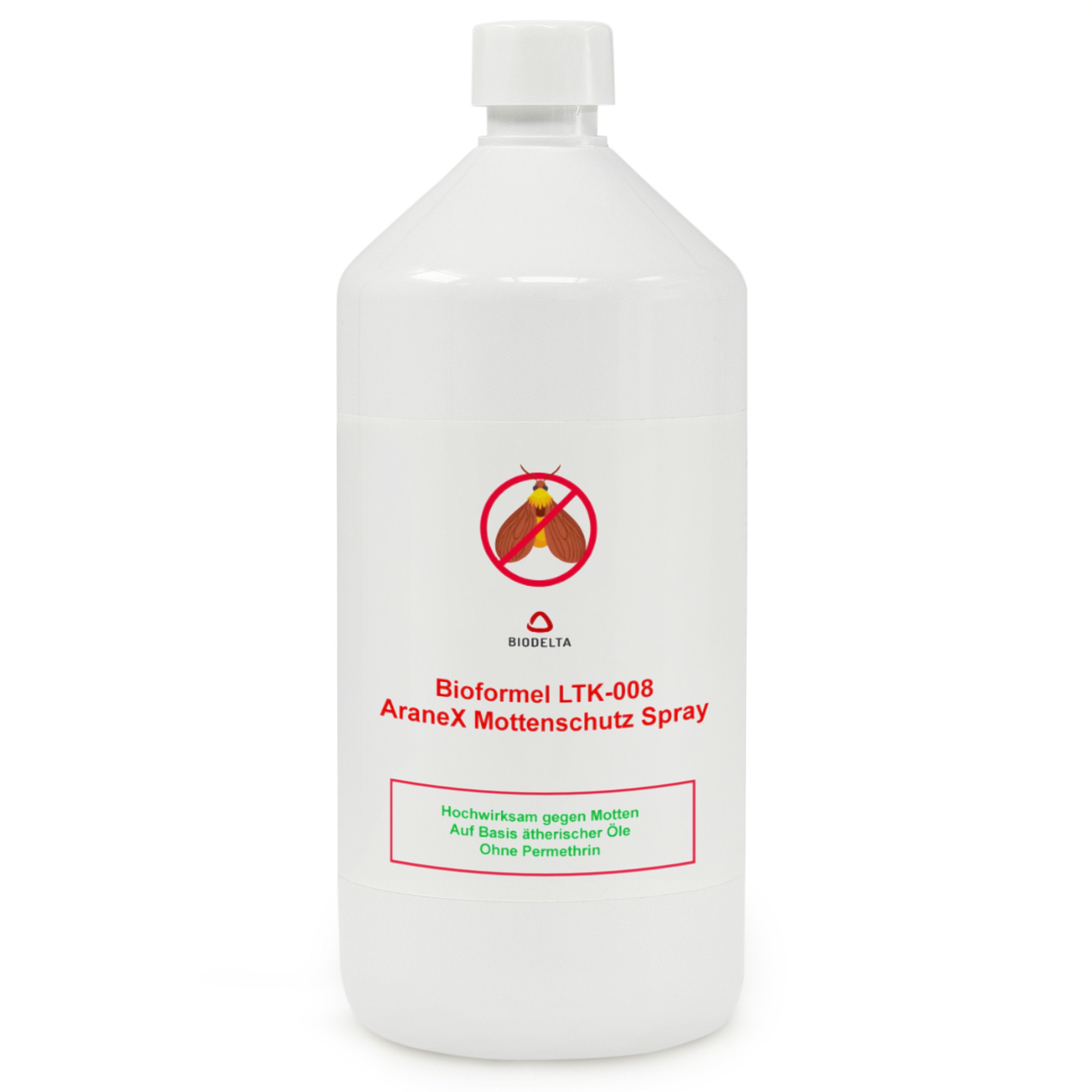 Weiße Flasche mit Produktname: Bioformel LTK-008 AraneX Mottenschutz Spray. Rotes Etikett mit Text. Logo.