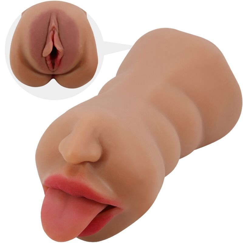 Masturbator mit Mund- und Zungen-Design. Hautfarbenes Silikon. Detailansicht des Mundes.