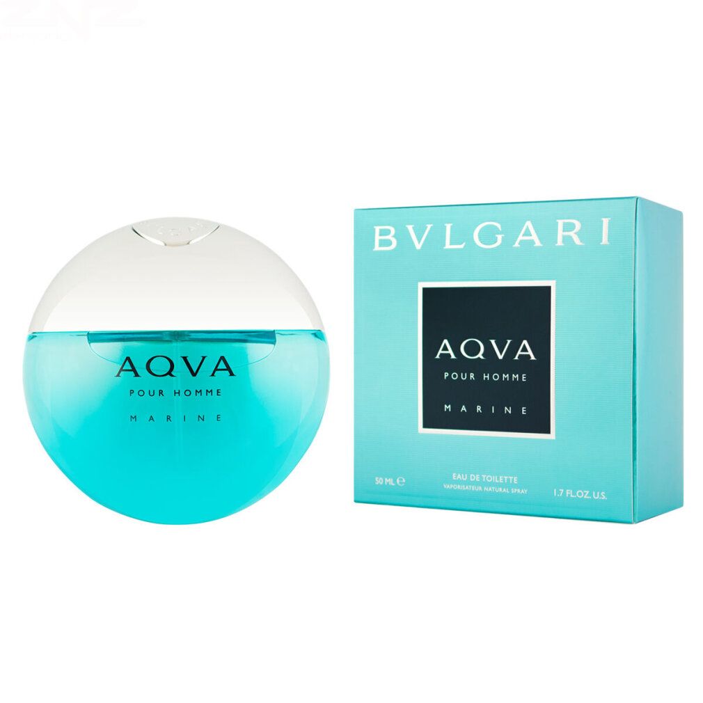 Bvlgari Aqva Marine Flakon und Verpackung. Blaues Glas, silberner Deckel. Rechteckige Schachtel mit Logo und Produktnamen.