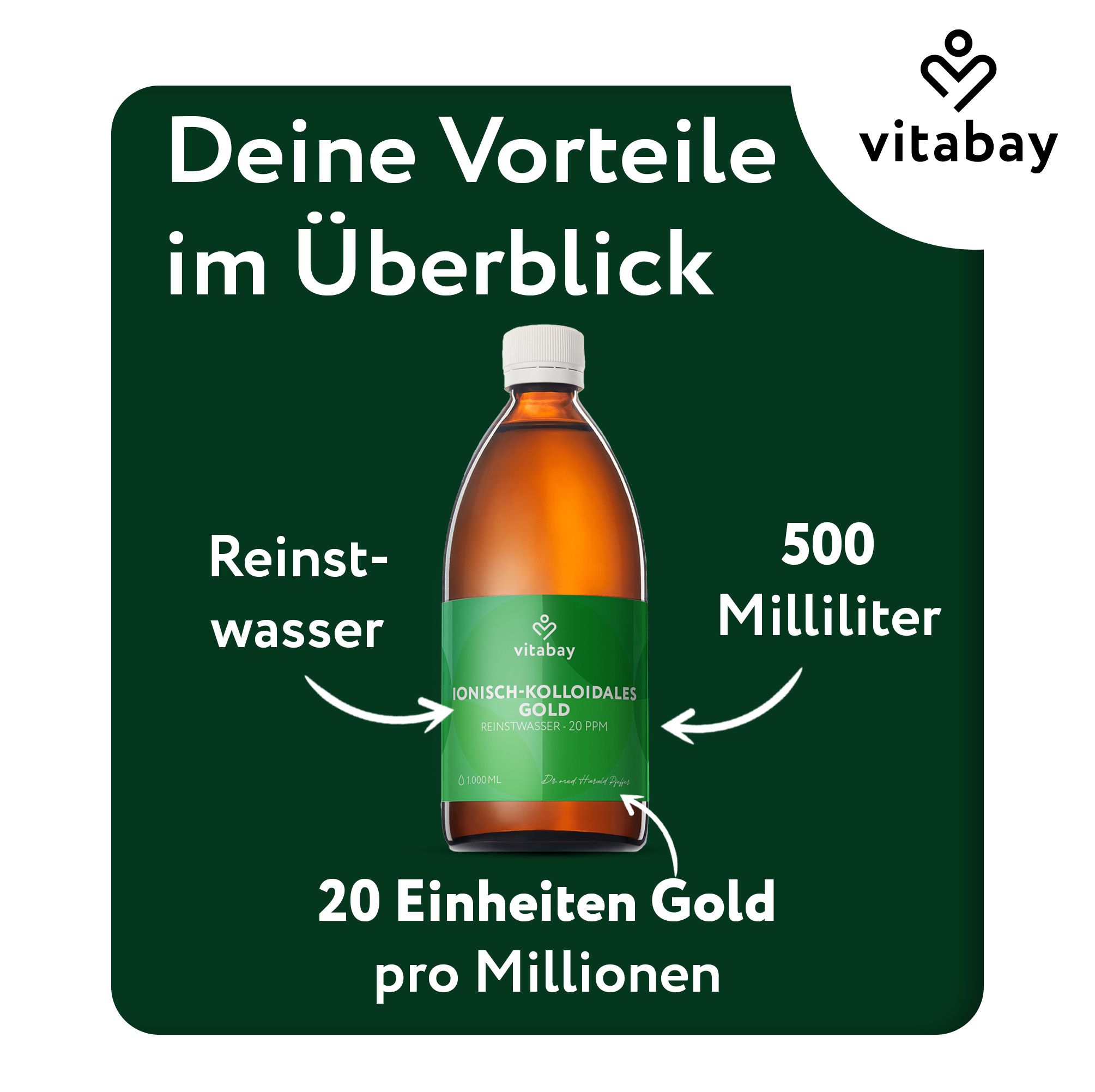 Grüner Hintergrund mit Flasche. Vitabay Logo. Flasche mit Flüssigkeit, Etikett: Ionisch-kolloidales Gold, 20 Einheiten Gold pro Millionen, 500 Milliliter.