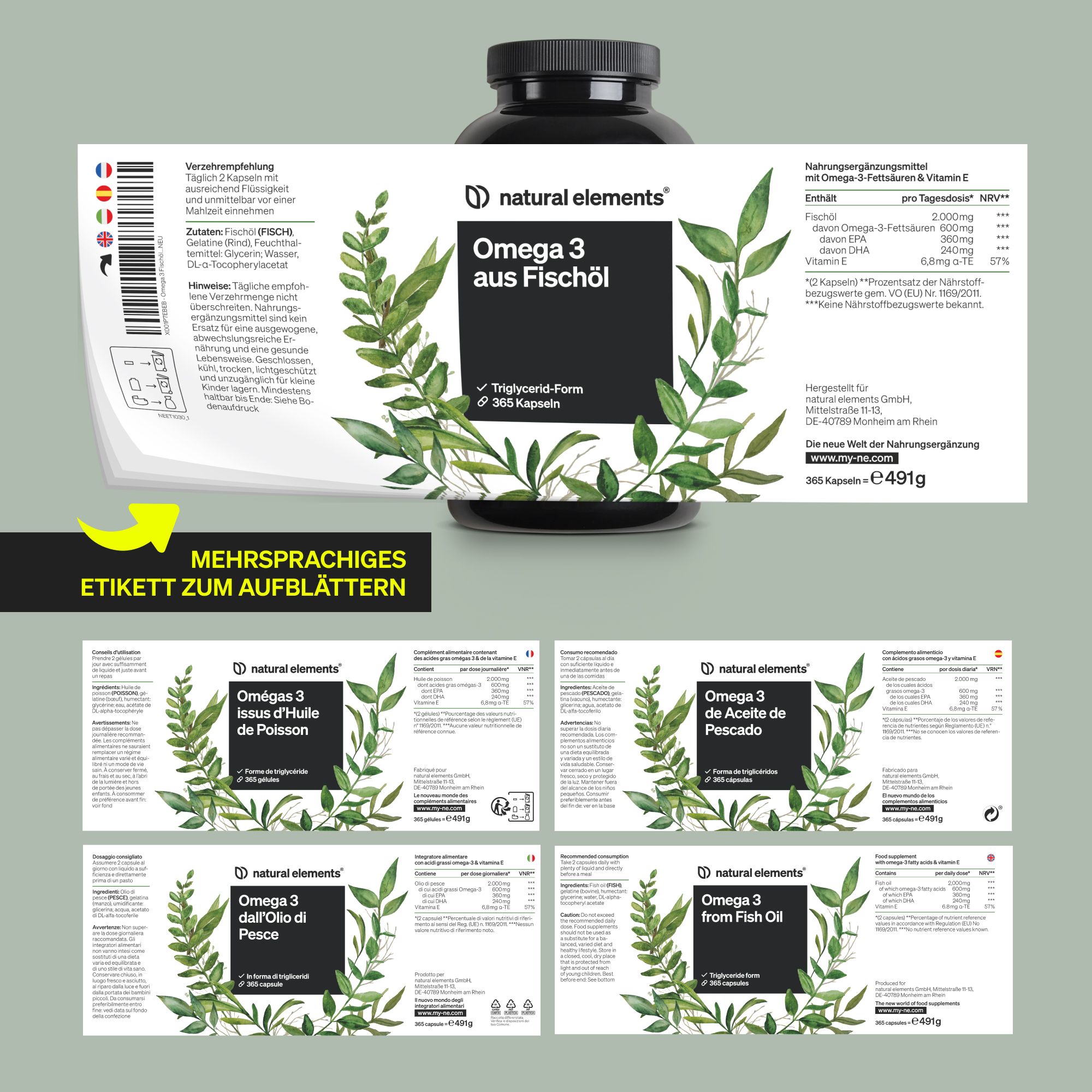 Flasche mit aufklappbarem Etikett. Mehrsprachige Informationen. Darunter Etiketten in verschiedenen Sprachen.