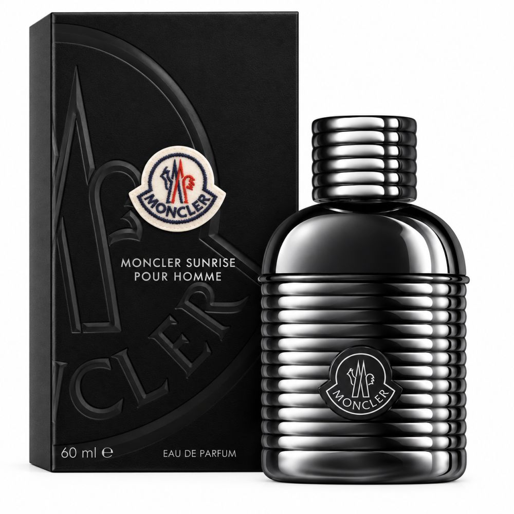 Moncler Sunrise Pour Homme Eau de Parfum, 60 ml. Schwarze Verpackung und Flakon mit geripptem Design und Moncler-Logo.