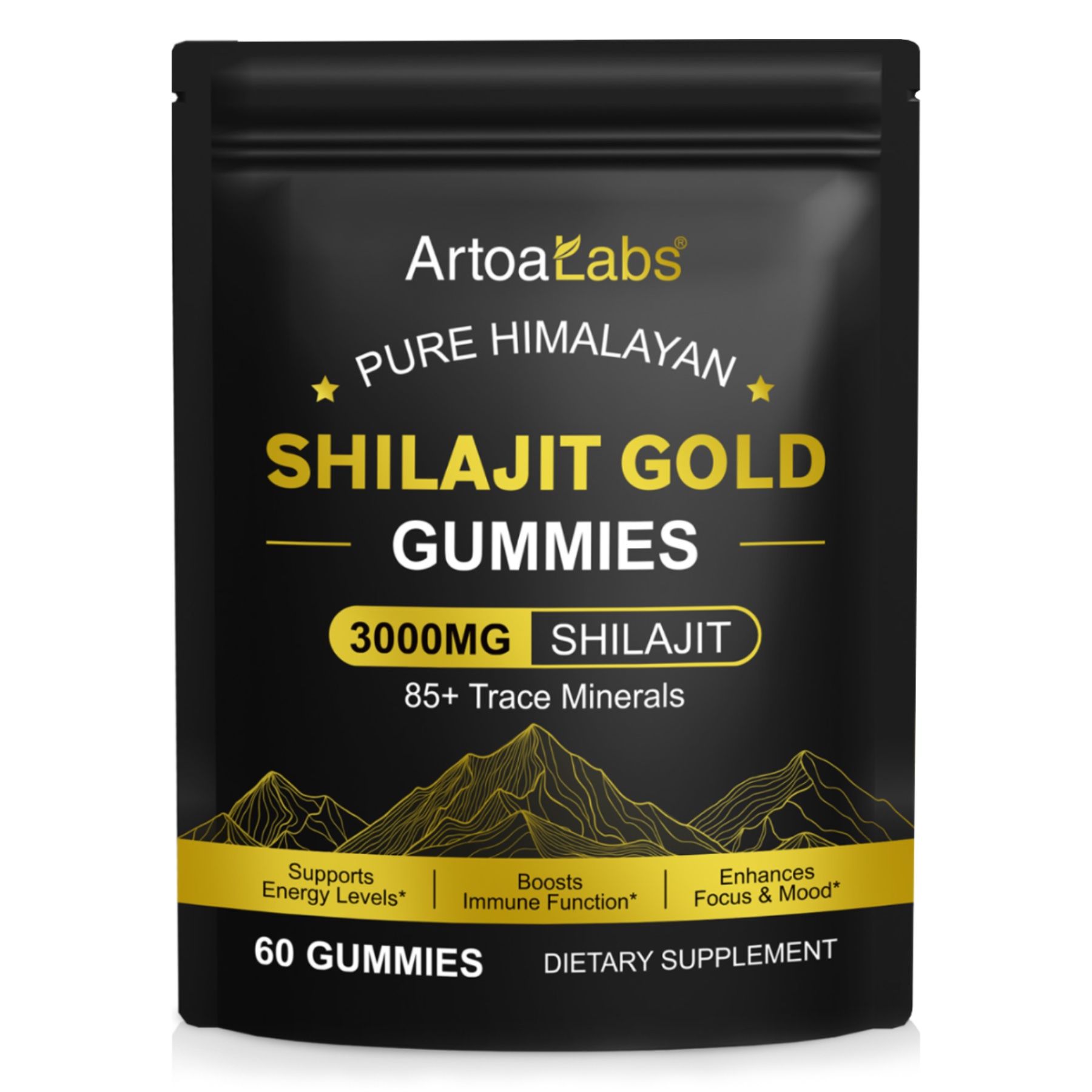 Schwarze Verpackung mit Shilajit Gold Gummies. Text: ArtoaLabs, Pure Himalayan, 3000mg Shilajit, 60 Gummies. Dietary Supplement.