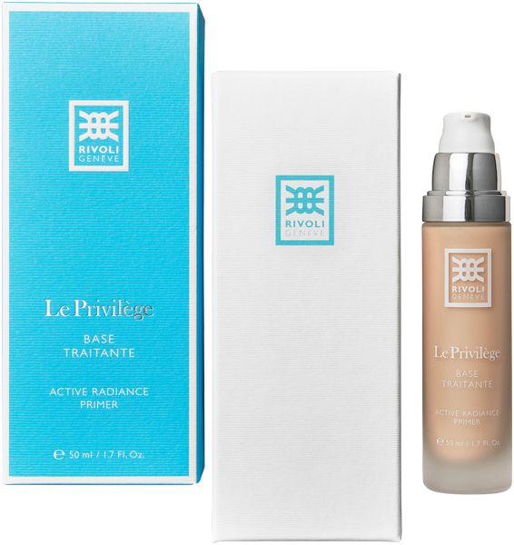 Flasche und Verpackung. Aufschrift: Rivoli Geneve, Le Privilège, Base Traitante, Active Radiance Primer. Schweizer Flagge.