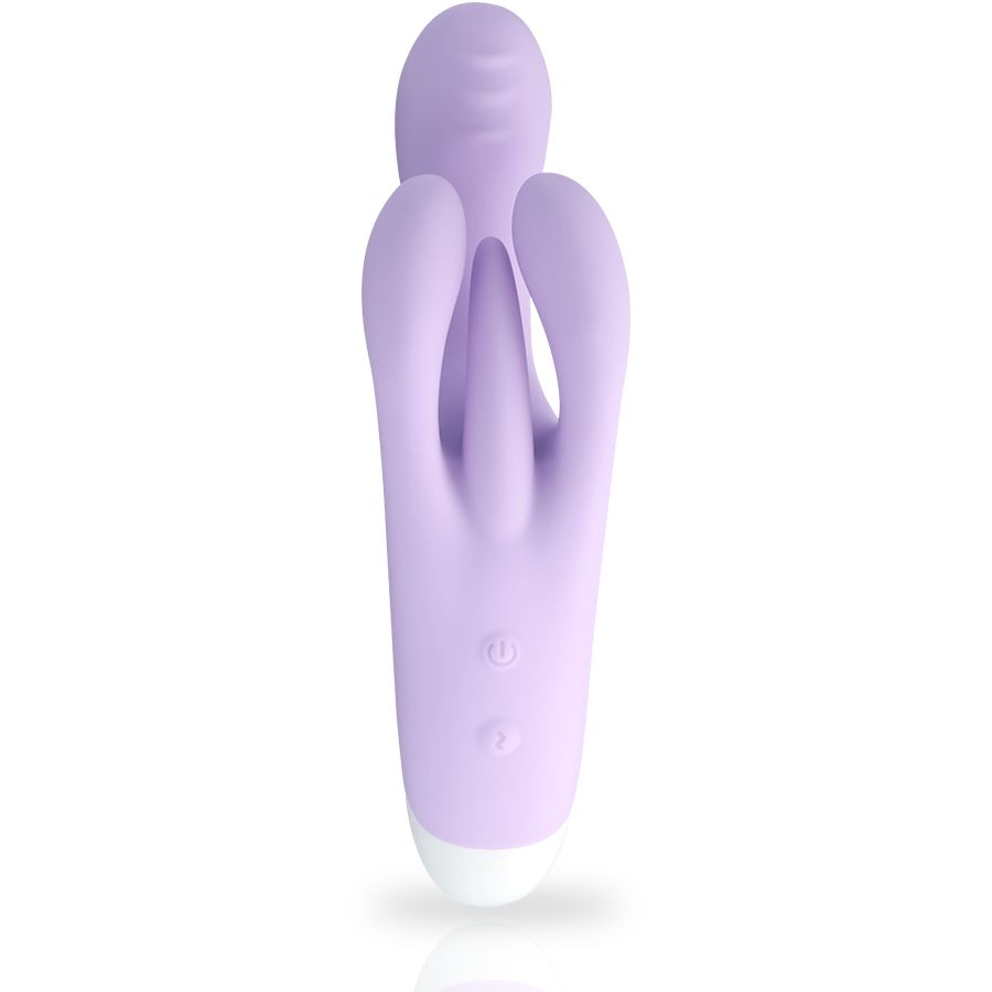 Lila Vibrator mit drei Vorsprüngen und zwei Knöpfen. Weiße Basis.