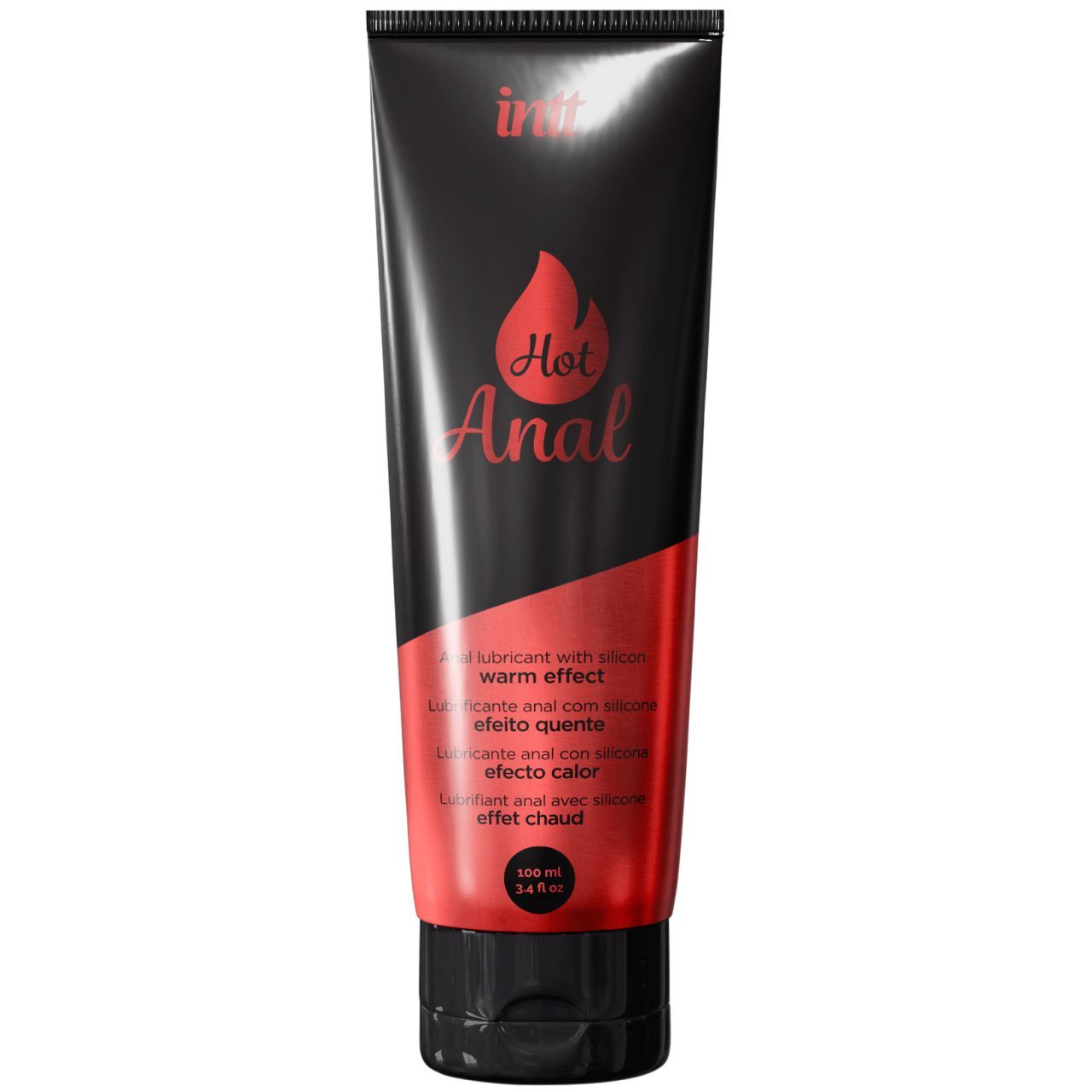 Schwarze Tube mit roter Schrift. "Hot Anal" und "INTT" Logo. Enthält Silikonbasis und wärmende Wirkung.