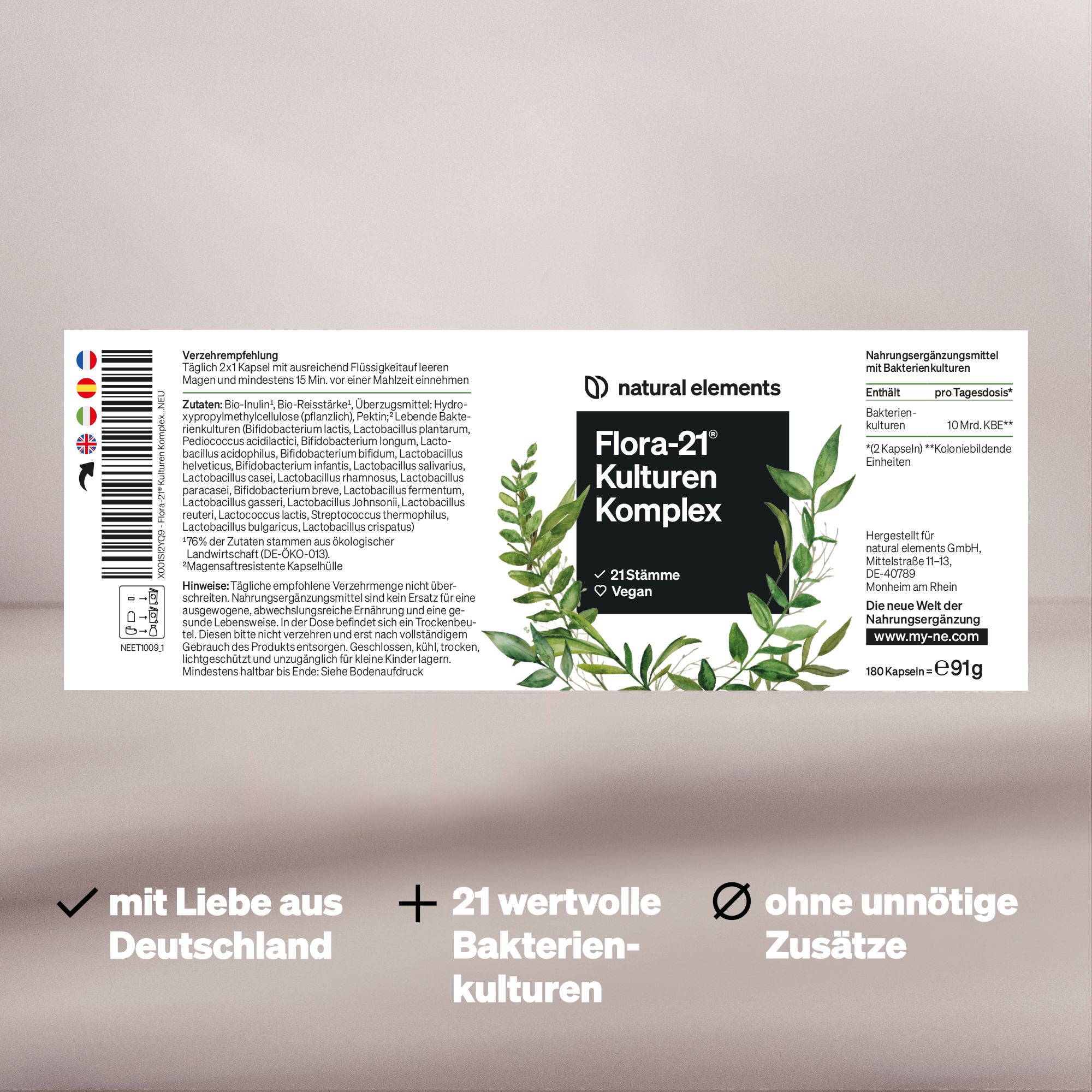 Verpackung mit Produktinformationen. Enthält Flora-21® Kulturen Komplex. Mit 21 Bakterienkulturen. Vegan.