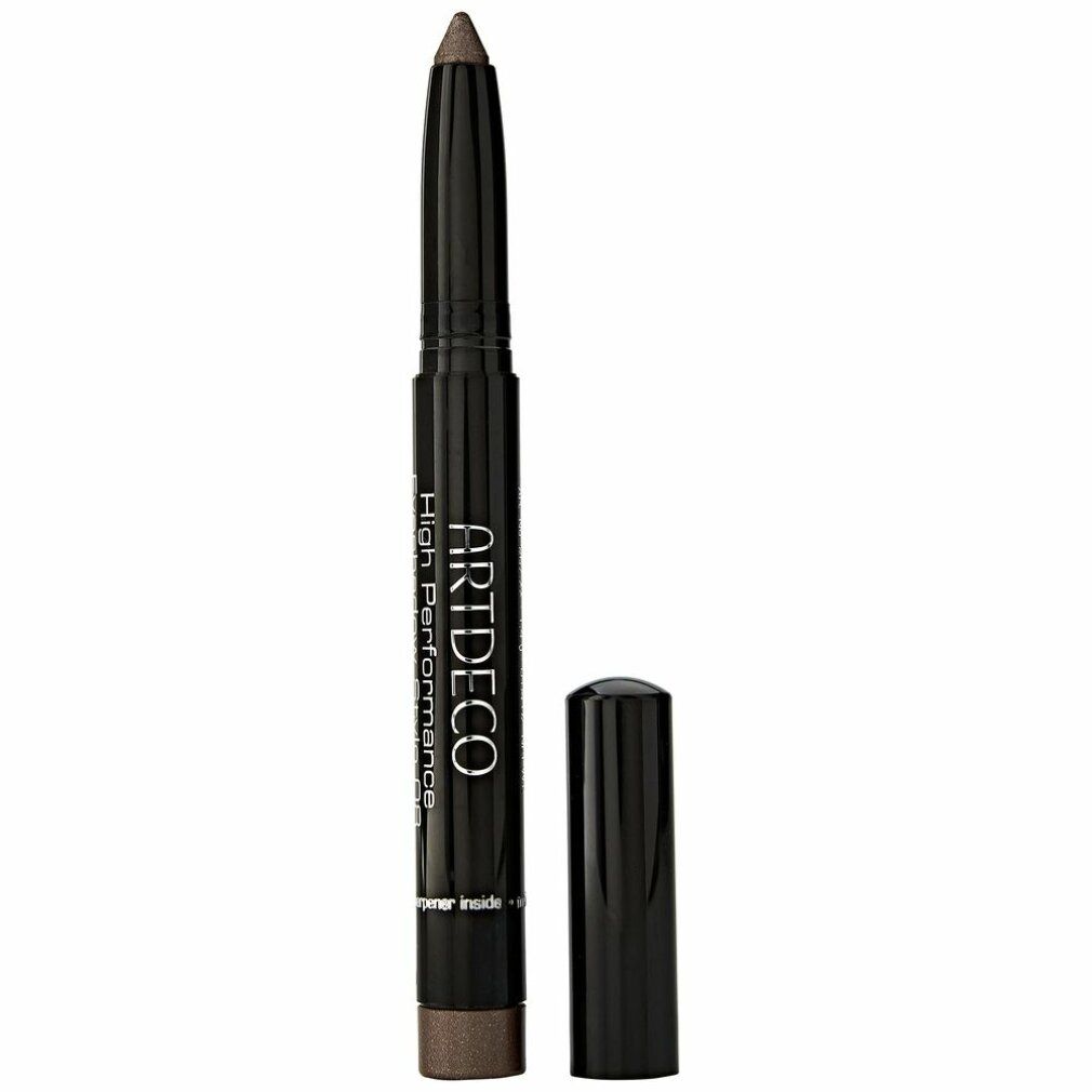 Artdeco High Performance Eyeshadow Stylo. Lidschattenstift mit offener Kappe. Schwarzer Stift mit brauner Spitze. Produktname und Marke sichtbar.