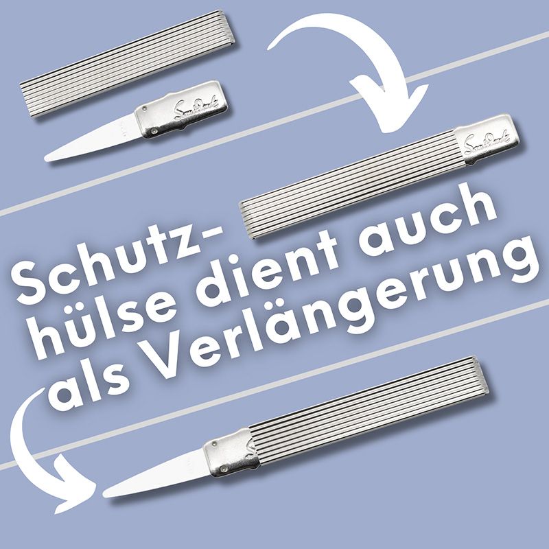 Sanident Zahnstocher: Schutzhülse dient als Verlängerung. Silberfarben, geriffelt.