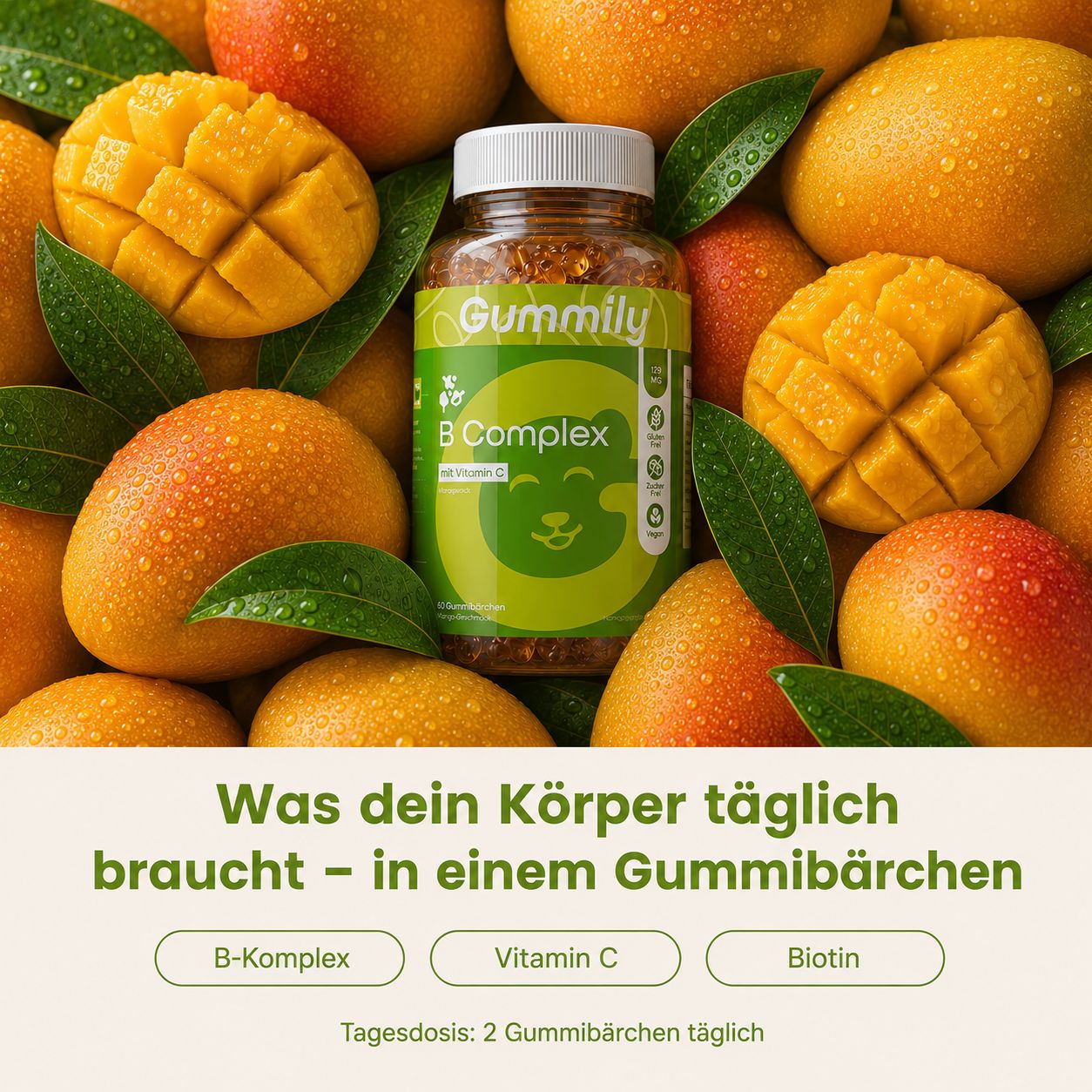Gummily B-Complex Gummibärchen mit Vitamin C, umgeben von Mangos.
