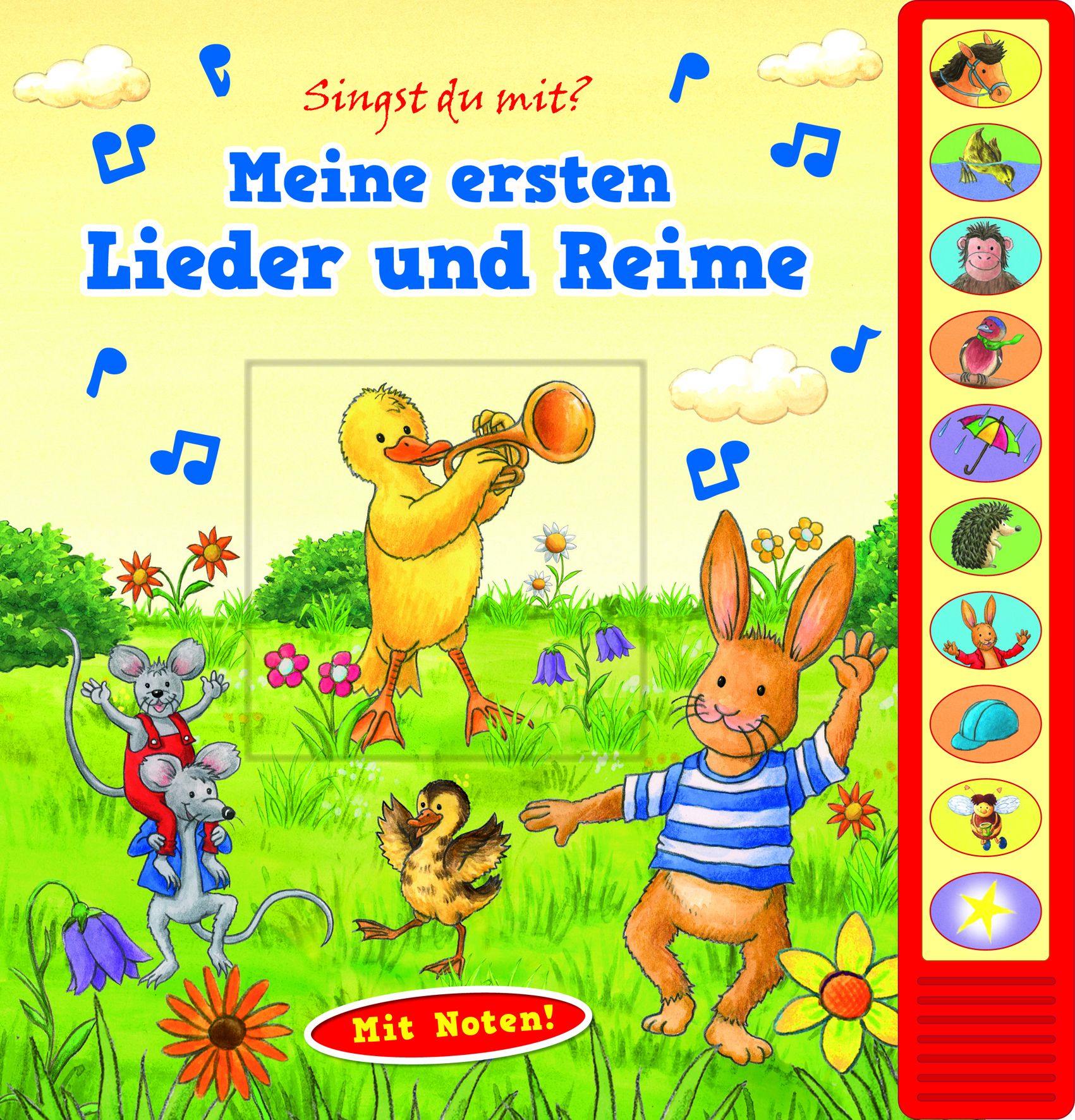 Buchcover mit Titel "Meine ersten Lieder und Reime". Illustrationen von Tieren und Noten. Roter Sound-Knopf.