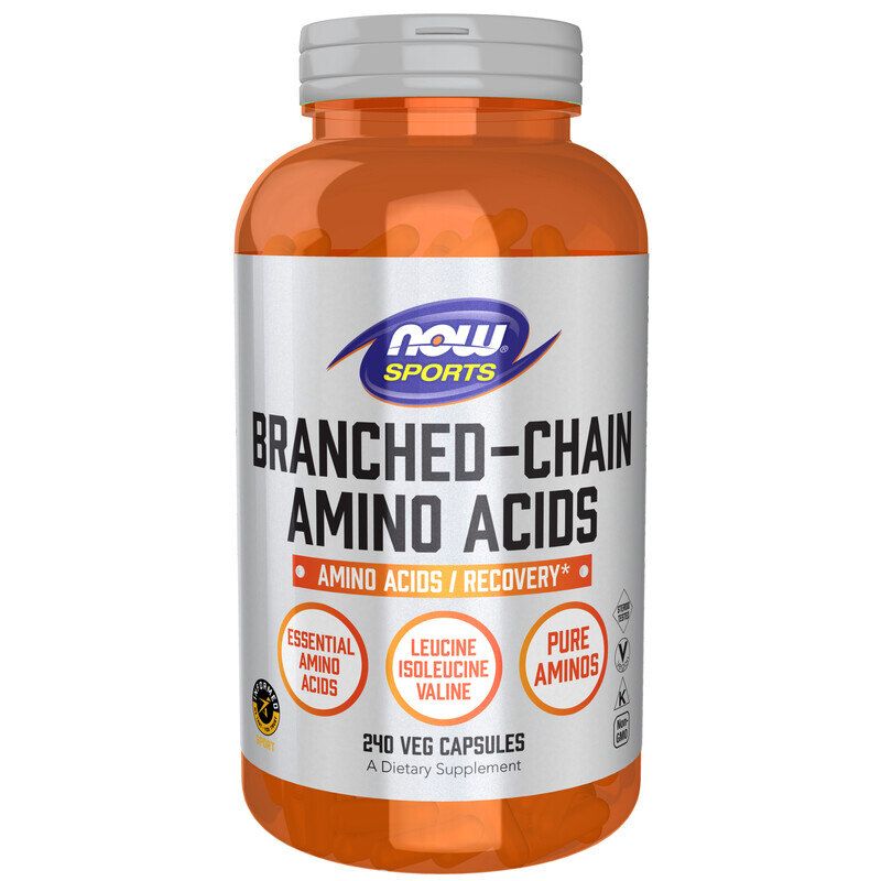 Orangefarbene Flasche mit weißem Deckel. Aufschrift: NOW SPORTS, Branched-Chain Amino Acids. 240 Veg Capsules.