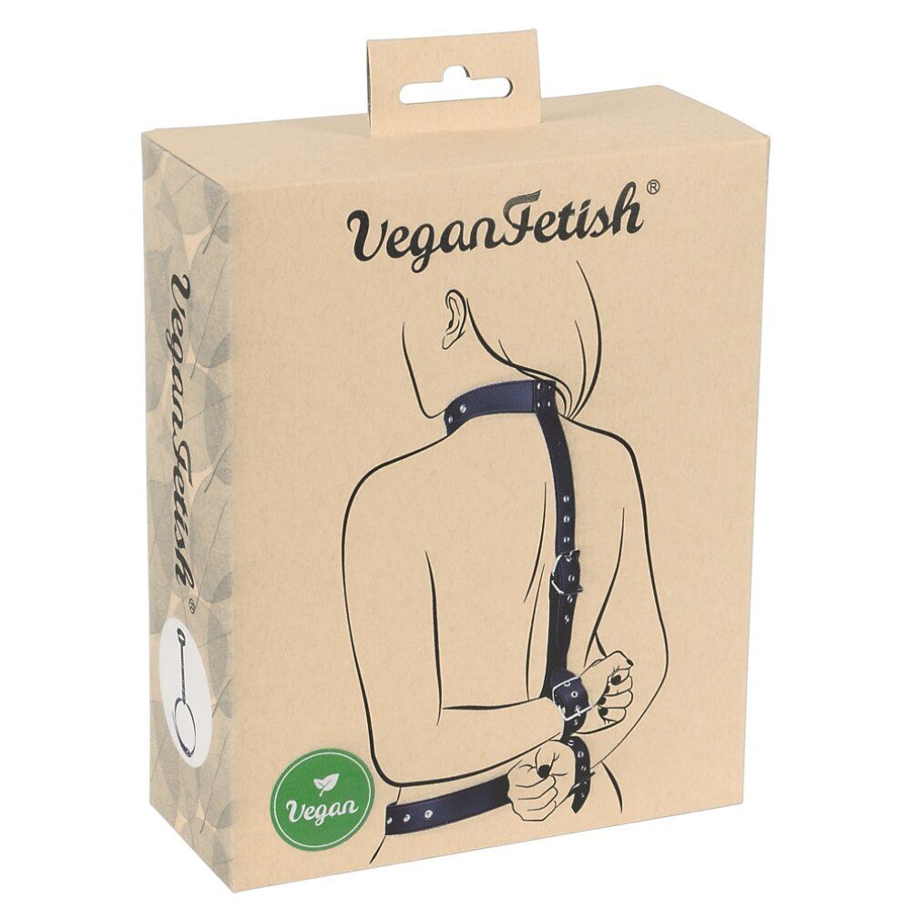 Verpackung von VeganFetish. Karton mit Zeichnung einer Person mit Fessel-Set. Logo VeganFetish und Vegan-Siegel.