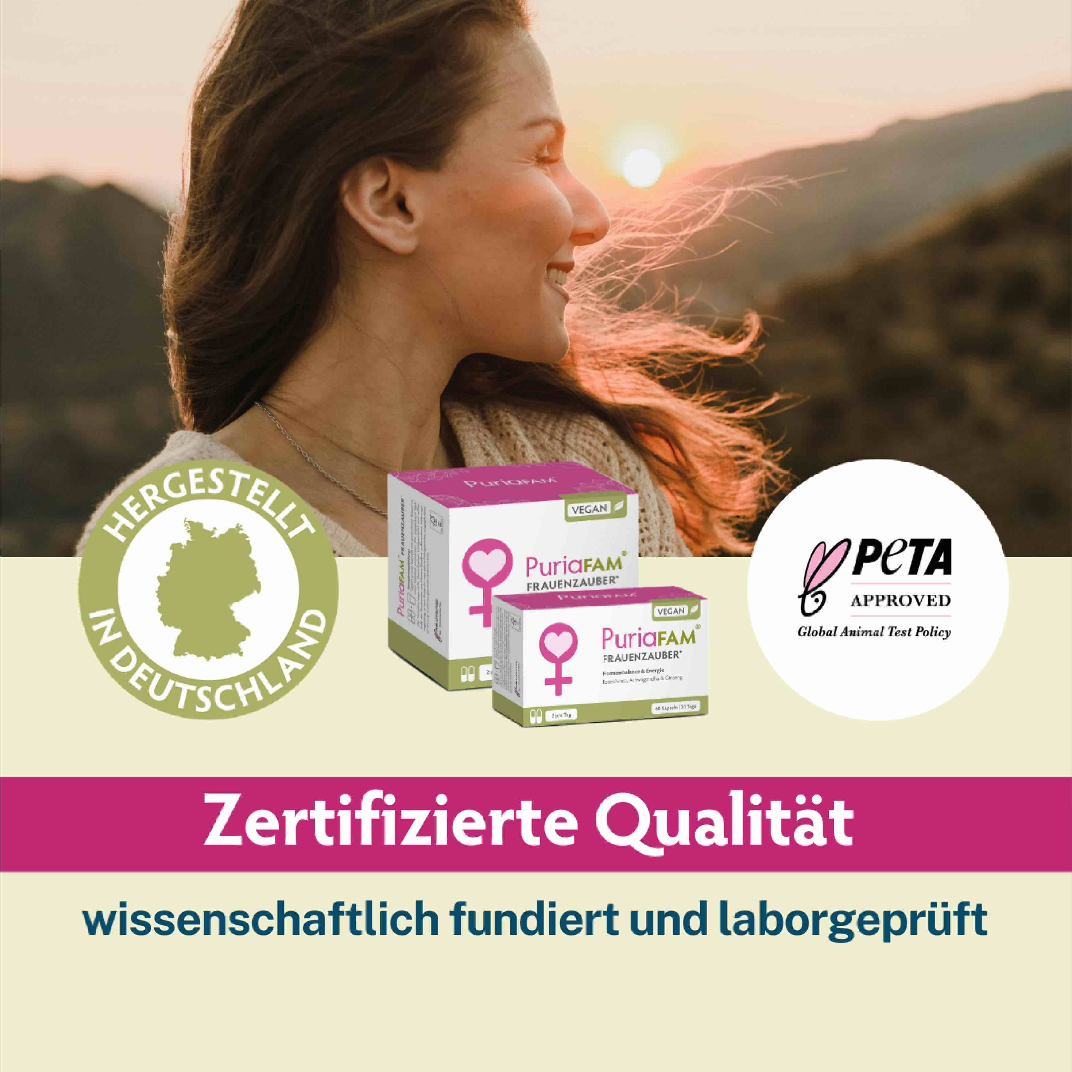 Frau mit zwei Produktboxen. Aufschrift: PuriaFAM Frauenzauber. Siegel: Hergestellt in Deutschland, PETA Approved.