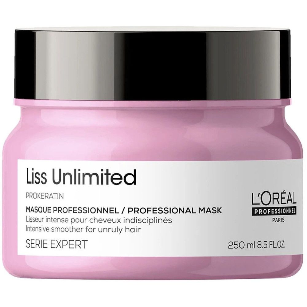 L'Oréal Liss Unlimited Maske in rosa Verpackung mit schwarzem Deckel.