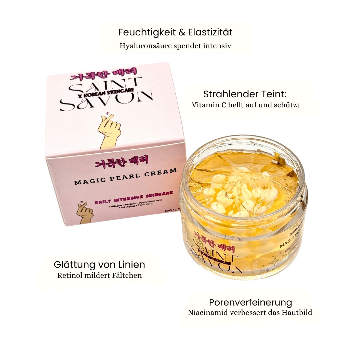 Creme in Glas mit Deckel und Karton. Aufschrift: SAINT SAVON, MAGIC PEARL CREAM. Text über Feuchtigkeit, Elastizität, Teint, Poren, Linien.