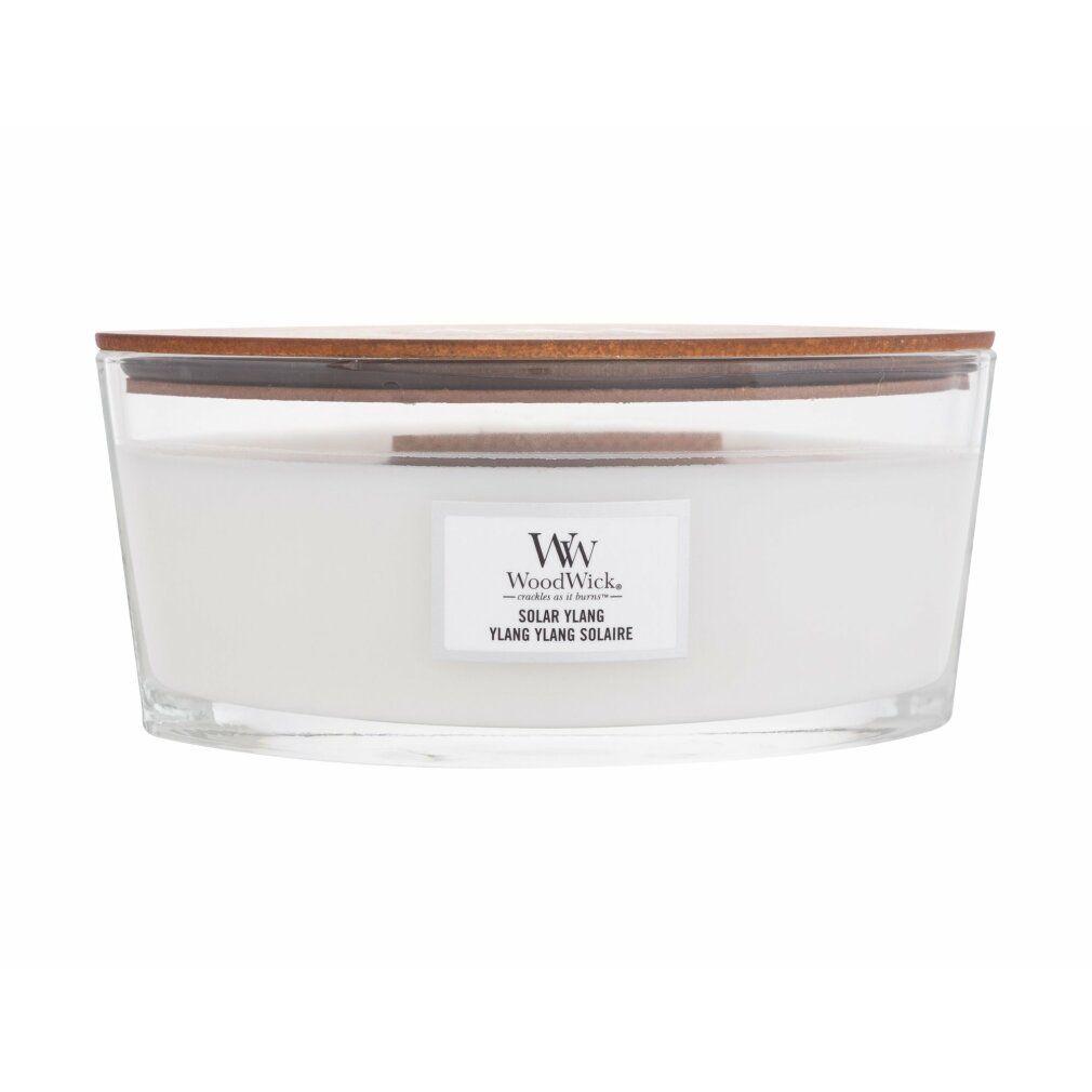 Kerze in Glasbehälter mit Holzdeckel. Aufkleber "WoodWick Solar Ylang".