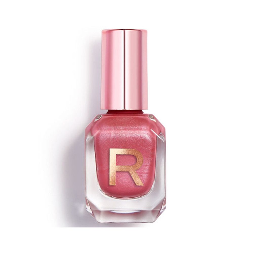 Ein Fläschchen schimmernden rosa Nagellacks mit goldenem 'R'-Logo und roségoldener Kappe.