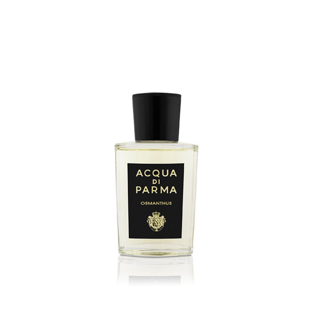 Glasflakon mit schwarzem Verschluss. Aufschrift Acqua di Parma Osmanthus auf schwarzem Etikett.