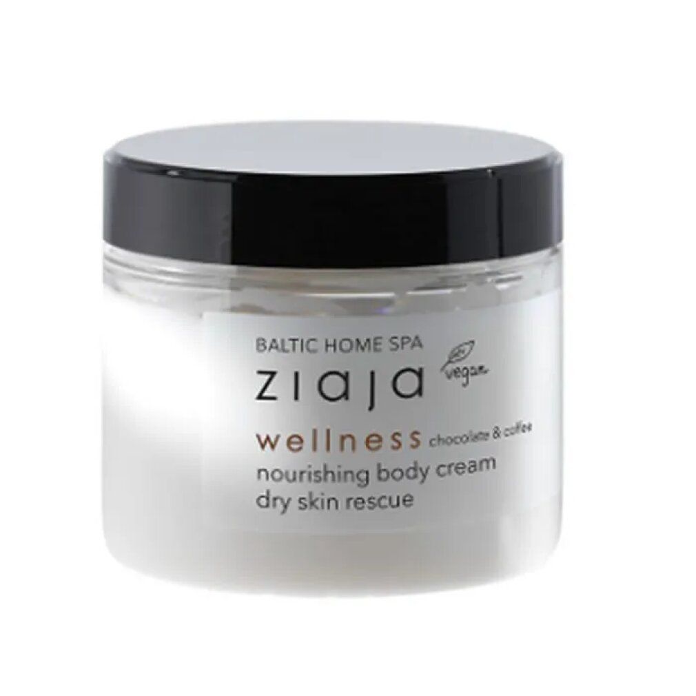 Ziaja Baltic Home Spa Wellness Creme. Glasbehälter mit schwarzem Deckel. Aufschrift: wellness chocolate & coffee, vegan.