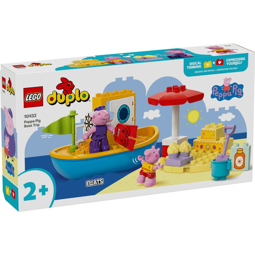 LEGO Duplo Set. Enthält eine gelbe und blaue Bootskonstruktion mit Peppa Pig Figuren, Strandzubehör und Verpackung.