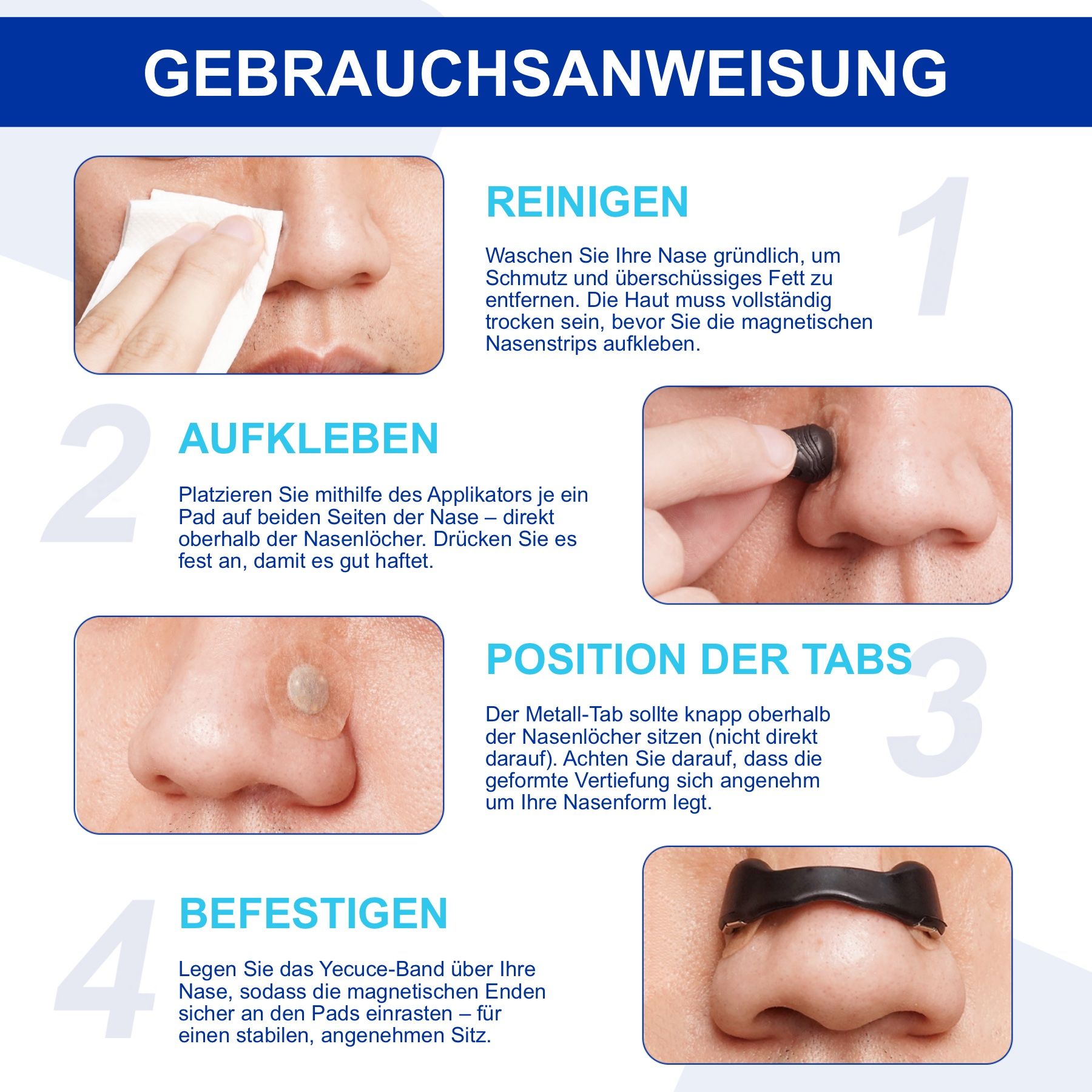 Anleitung zur Anwendung von Nasenstrips. Reinigen, Aufkleben, Position der Tabs, Befestigen. Illustrationen.