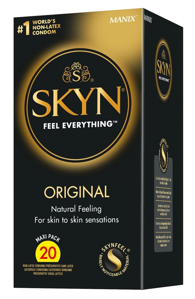 Schwarze Schachtel SKYN Original, 20 Kondome. Aufschrift: Original, Natural Feeling, Maxi Pack. Logo SKYN und Non-Latex.