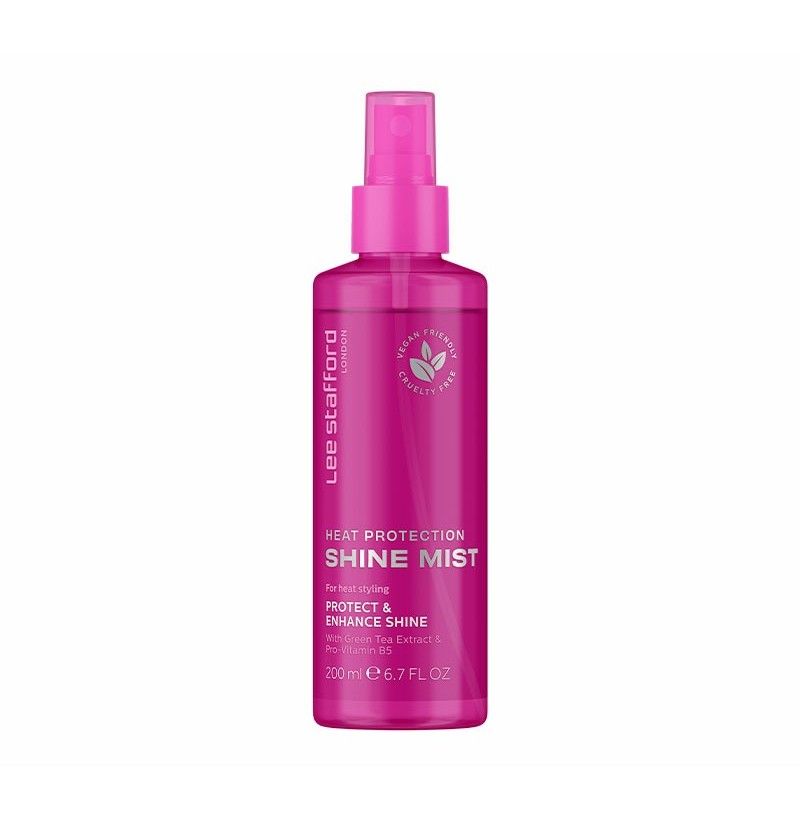 Lee Stafford Hitzeschutz Glanzspray in pinker Flasche mit Pumpsprüher.