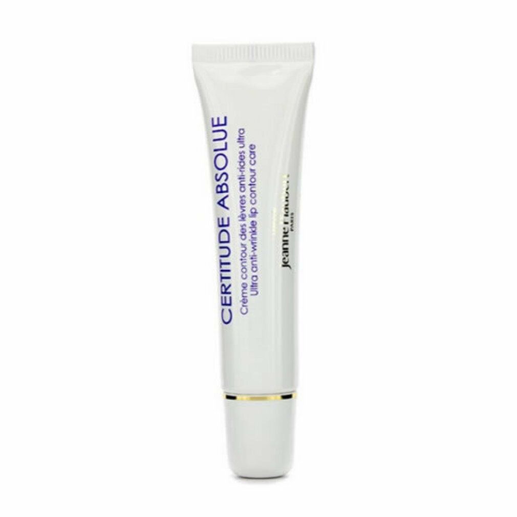Weiße Lippenpflege-Tube mit blauem Text: CERTITUDE ABSOLUE, Crème contour des lèvres anti-rides ultra, Ultra anti-wrinkle lip contour care, Jeanne Piaubert.