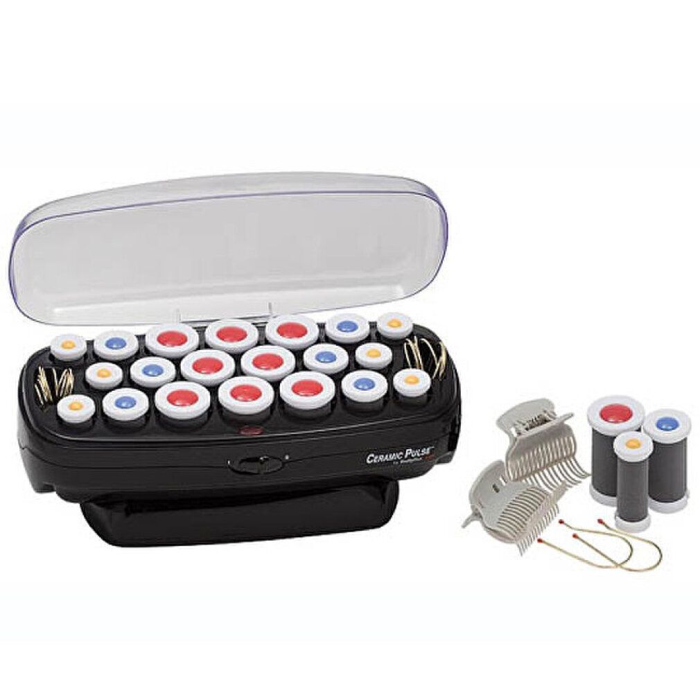 Elektrische Haarroller mit 20 Rollen in Rot, Blau und Gelb in einer schwarzen Ladestation mit transparentem Deckel. Zubehör: Klemmen und zusätzliche Rollen.