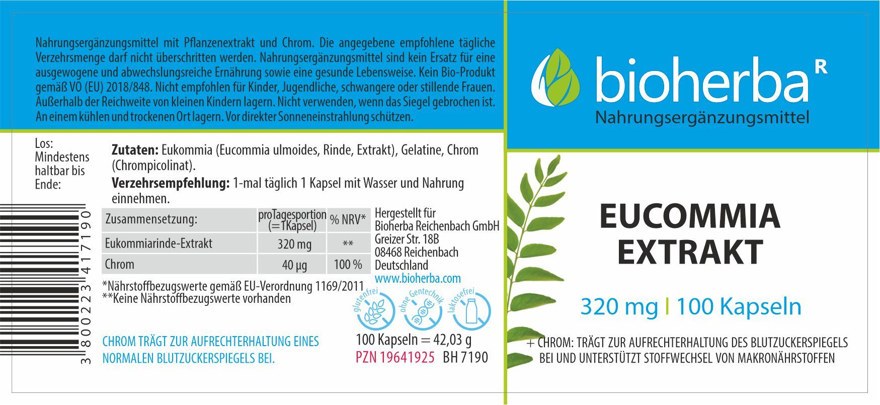 Etikett mit blauem Streifen und weißer Schrift. Enthält Informationen zu Inhaltsstoffen und Dosierung. Aufschrift: Eucommia Extrakt, 100 Kapseln.