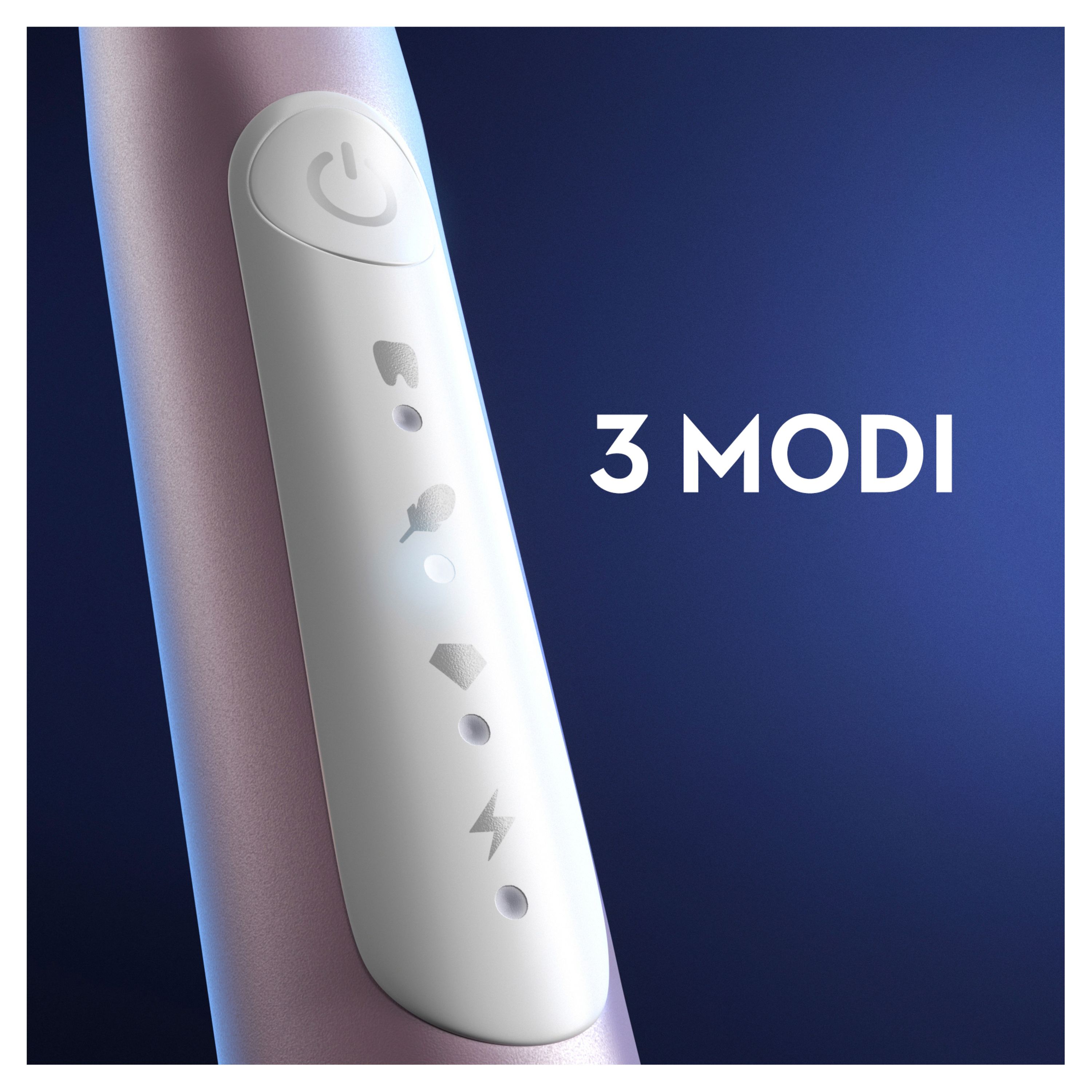 Elektrische Zahnbürste, Rosegold. Bedienfeld mit 3 Modi. Nahaufnahme.