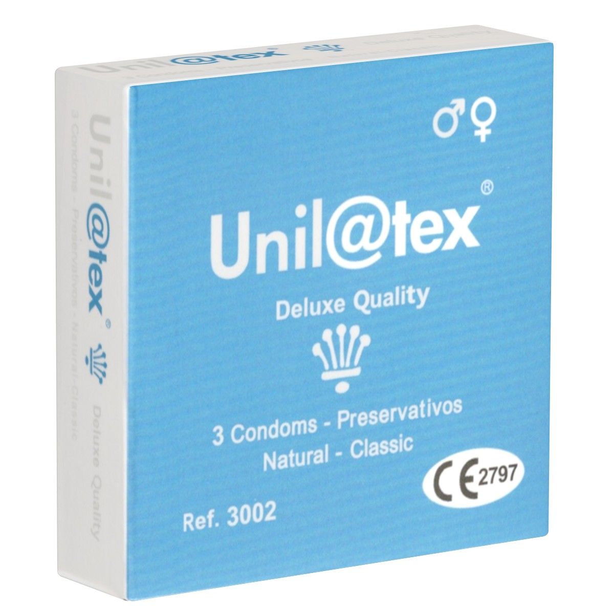 Blau-weiße Schachtel mit "Unil@tex"-Logo, "Deluxe Quality" und "3 Condoms - Preservativos Natural - Classic". CE-Kennzeichnung.