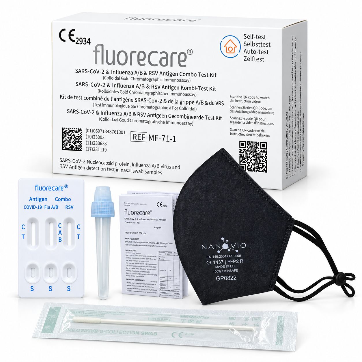 Fluorecare Testkit mit Maske: Testkassette, Tupfer, Röhrchen, Anleitung und FFP2-Maske.