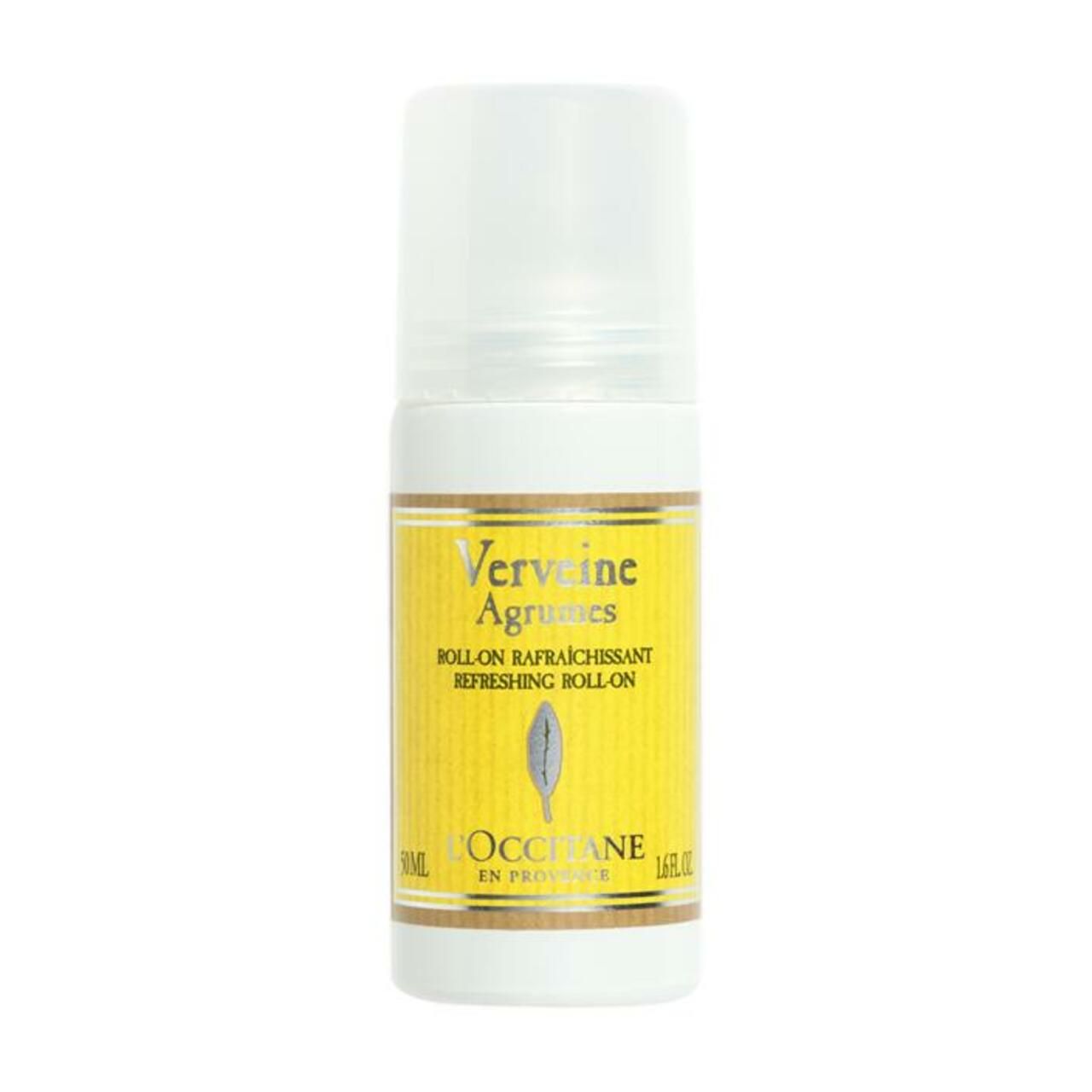 L'Occitane Verveine Agrumes Erfrischender Roll-On. Gelber Etikett mit Blattmotiv und Text.