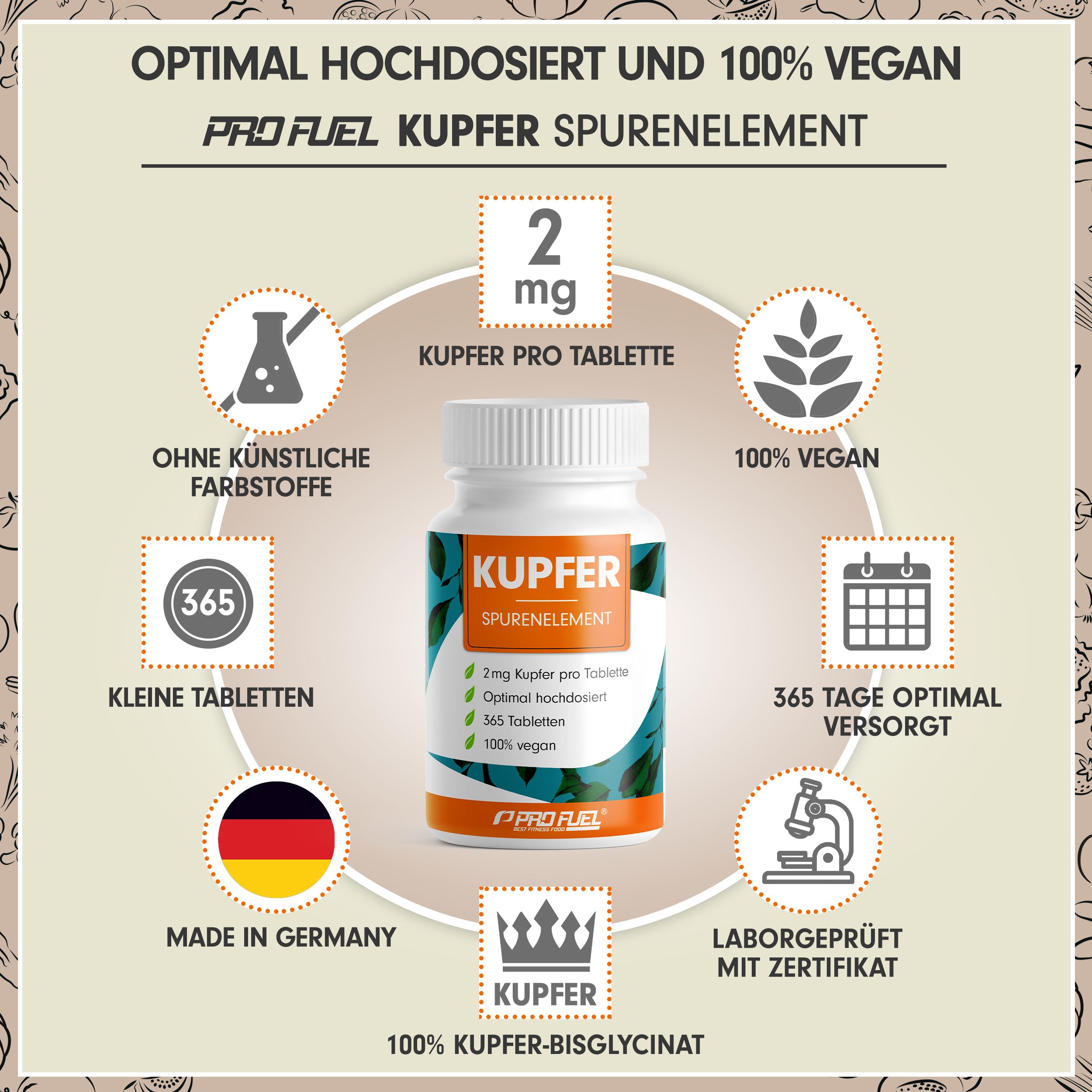 ProFuel - Kupfer Tabletten mit 2 mg Kupfer aus hochwertigem Kupferbisglycinat