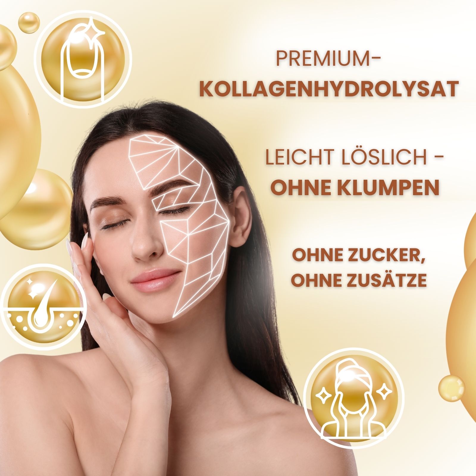 Frau mit Gesichtsanalyse. Text: Premium-Kollagenhydrolysat, leicht löslich, ohne Klumpen, ohne Zucker, ohne Zusätze. Goldene Kugeln.