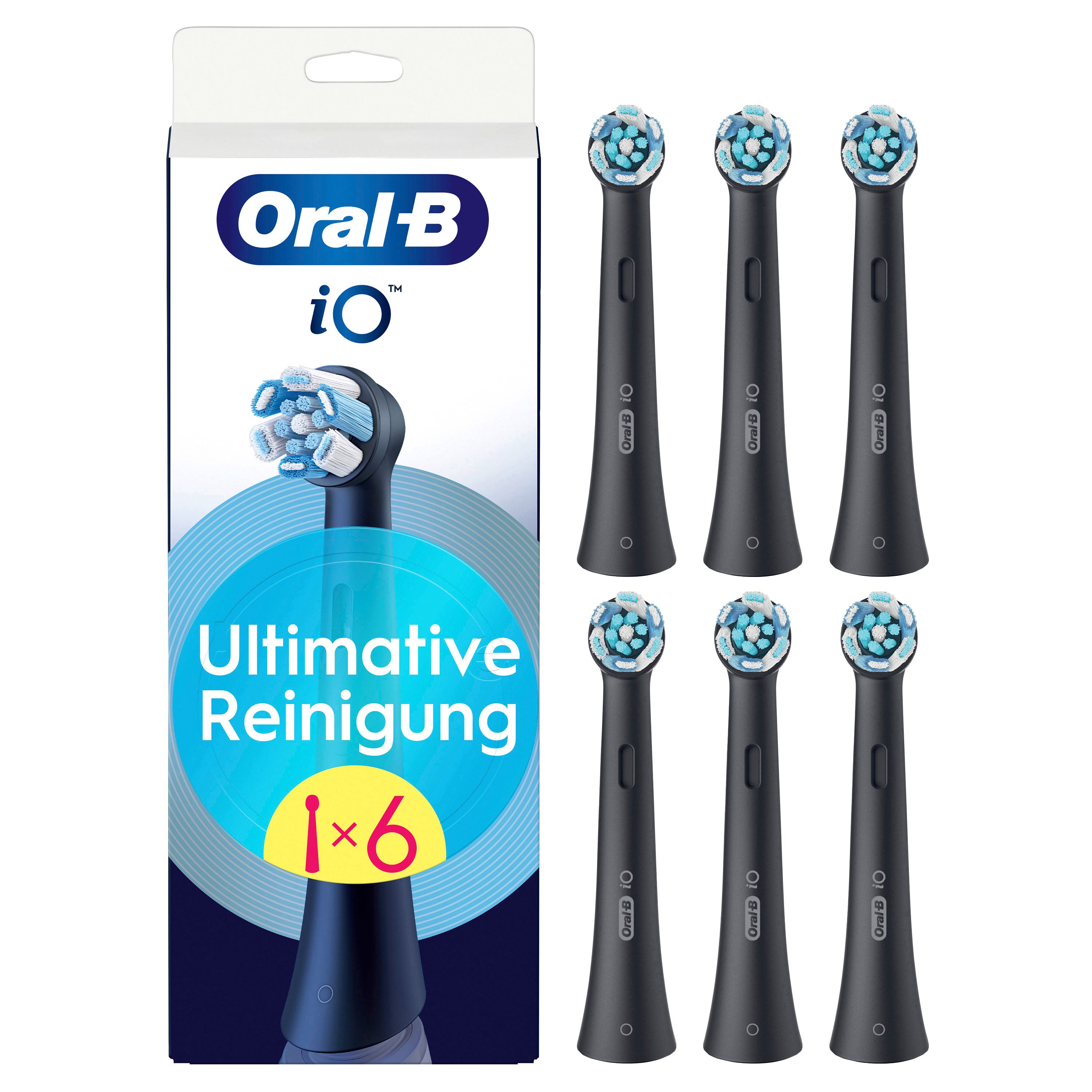 Verpackung mit sechs schwarzen Zahnbürstenköpfen. Text: Oral-B iO, Ultimative Reinigung, 1x6.