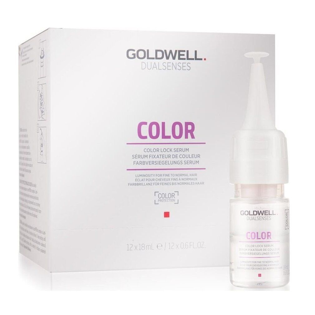 Goldwell Dualsenses Color Serum. Weiße Verpackung mit Produkt und Ampulle. Schriftzug "COLOR".