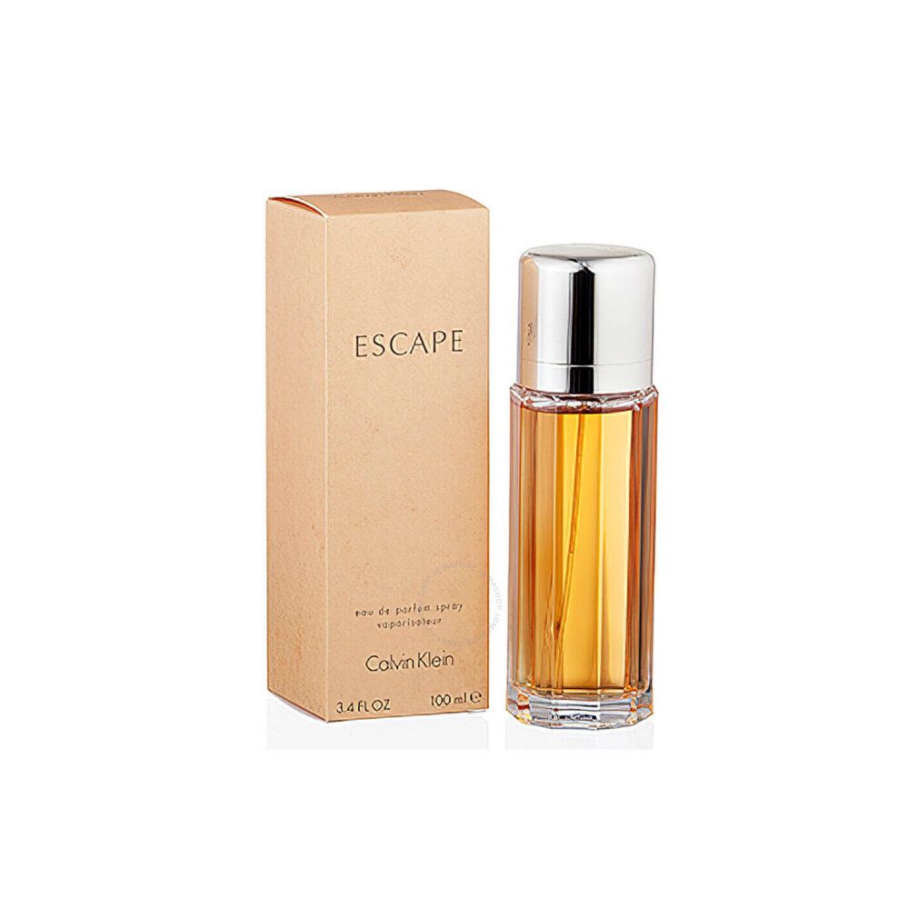 Parfümflasche und Verpackung. Flasche mit silbernem Deckel und bernsteinfarbener Flüssigkeit. Verpackung mit "ESCAPE" und "Calvin Klein".