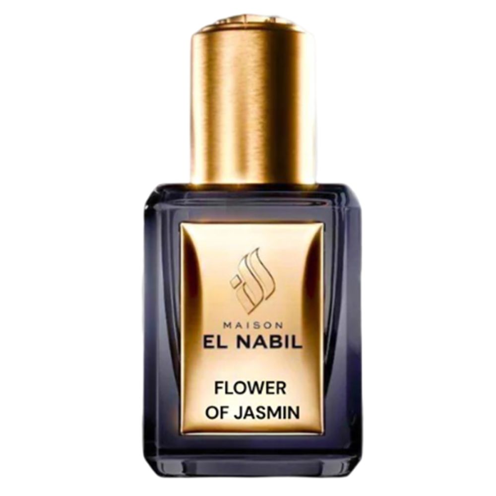 Dunkelblaue Glasflasche mit goldfarbenem Verschluss. Auf dem Etikett: Maison El Nabil, Flower of Jasmin.